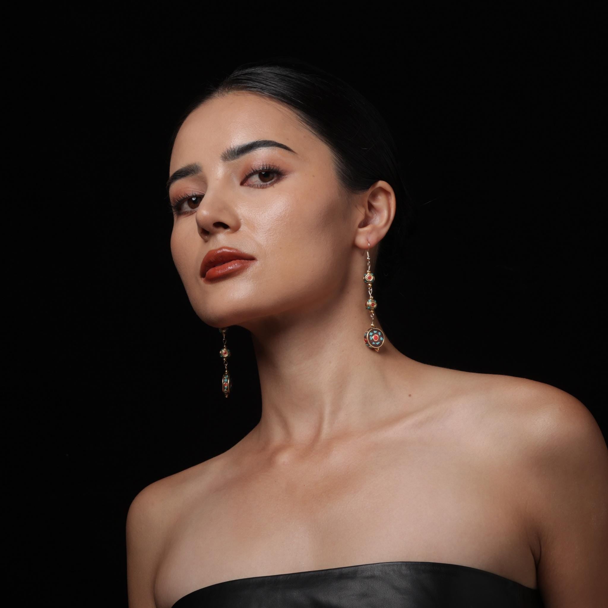 Tibetan Turquoise Red Agate Dangle Earrings