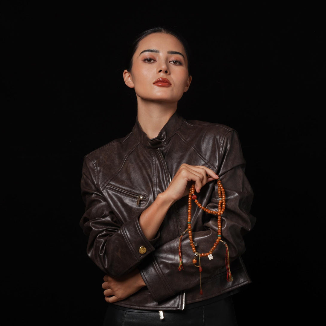 Yak Bone 108 Mala with Dzi Om Lotus Mantra Amulet