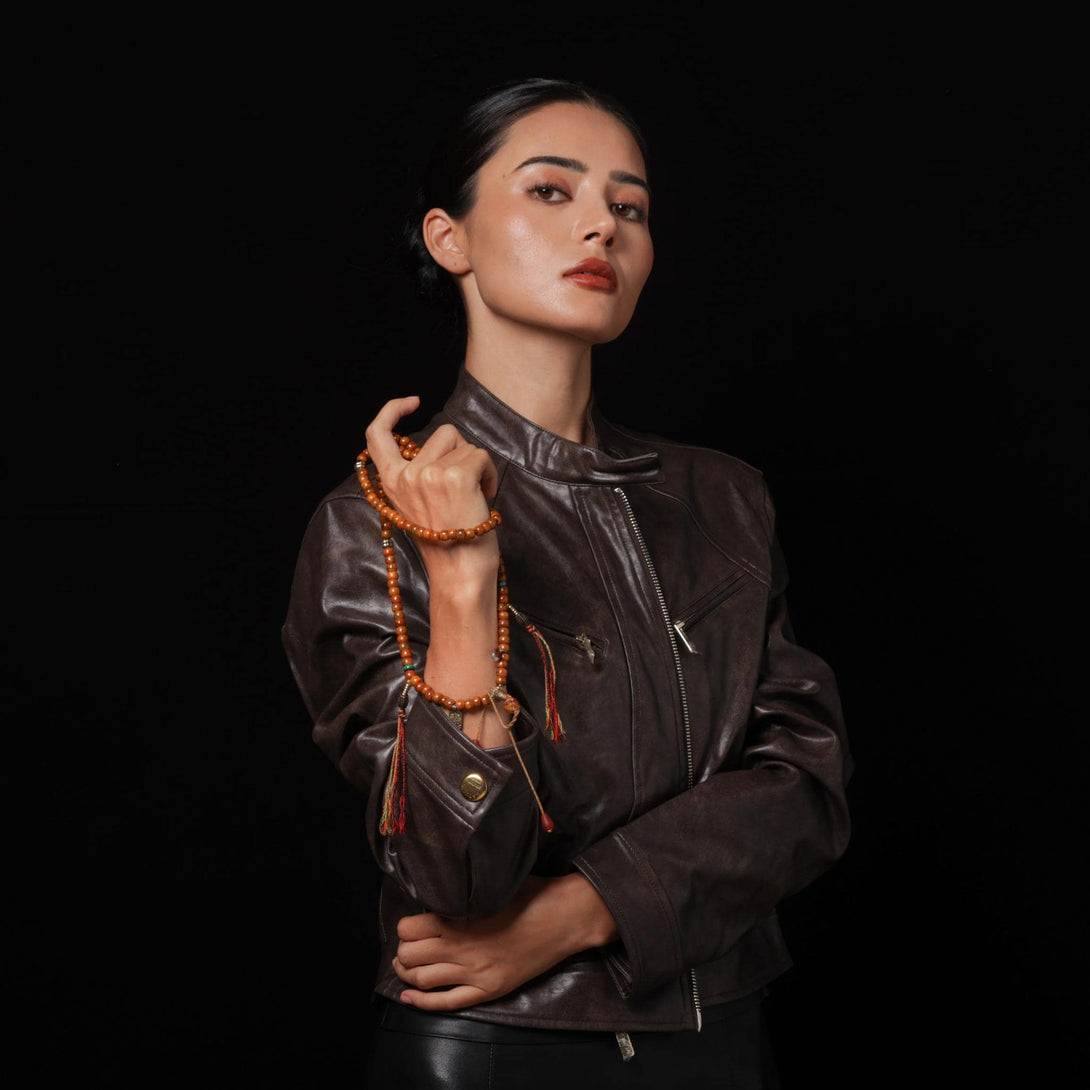 Yak Bone 108 Mala with Dzi Om Lotus Mantra Amulet