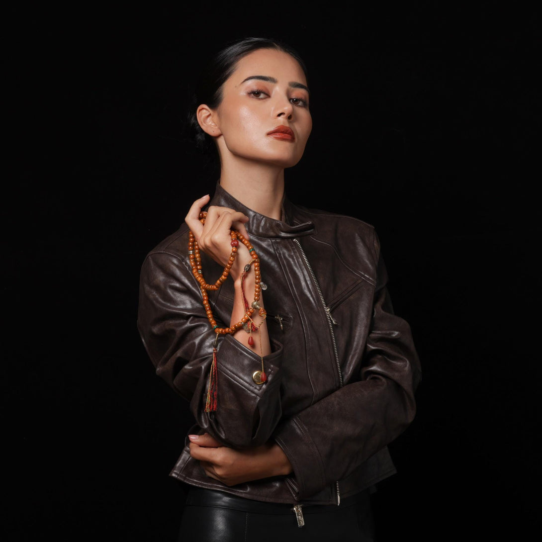 Yak Bone 108 Mala with Dzi Om Lotus Mantra Amulet