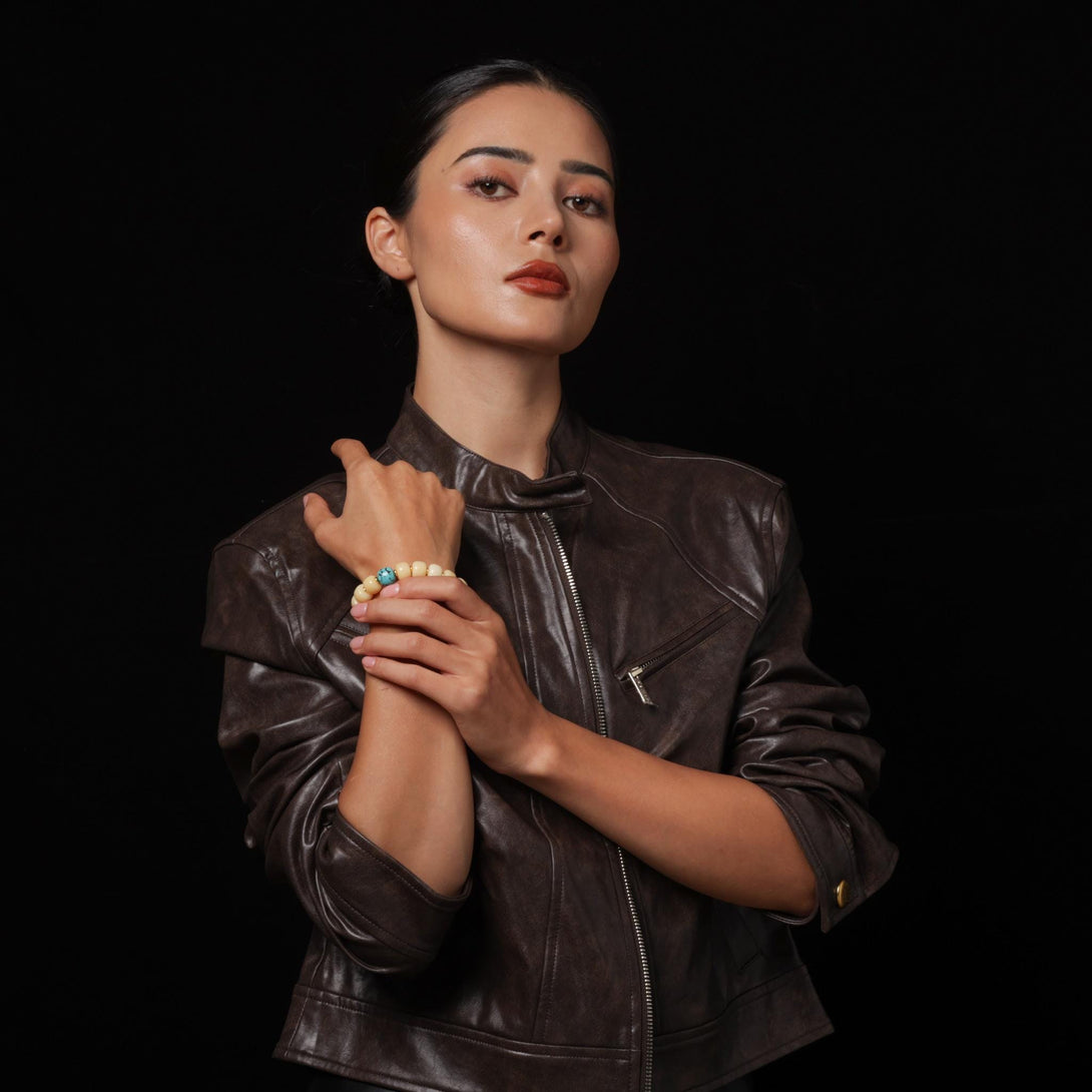 Yak Bone Bracelet with Turquoise Barrel Beads