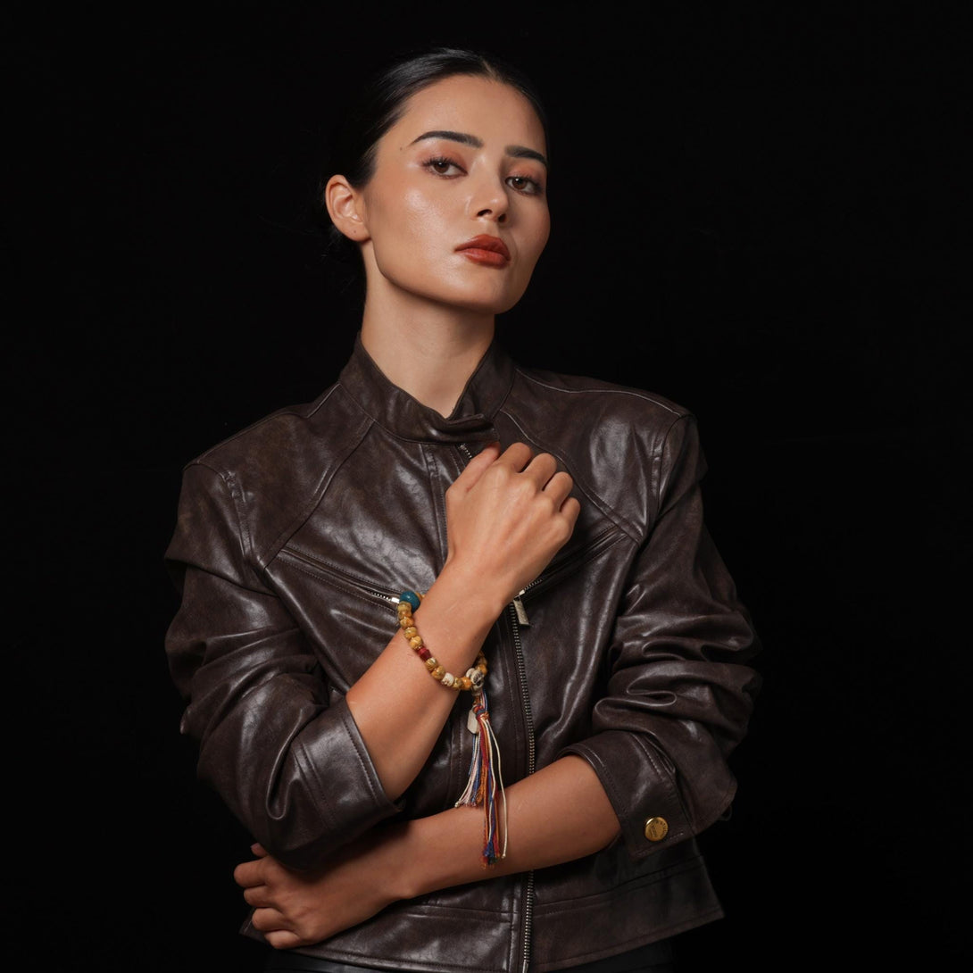 Yak Bone Carved Skull Amulet Tibetan Beaded Bracelet