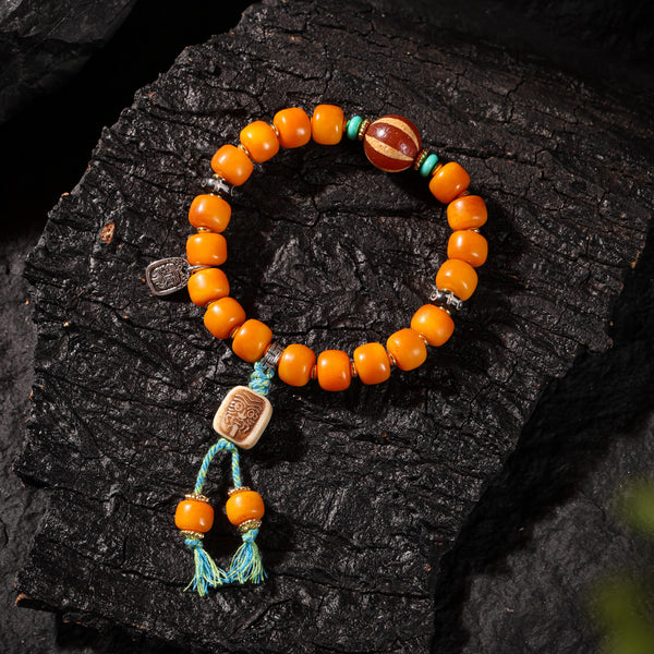 Tibetan Sacred Yak Bone Bracelet Dzi & Zambala
