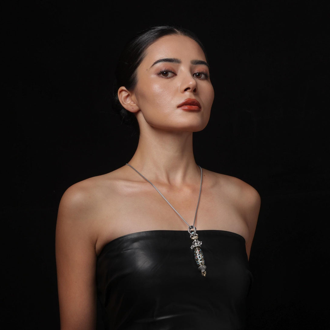 Vajra & Rotating Dzi Pendent Enamel Accented with Turquoise, Red Gems