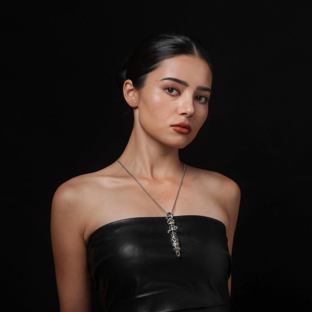 Vajra & Rotating Dzi Pendent Enamel Accented with Turquoise, Red Gems