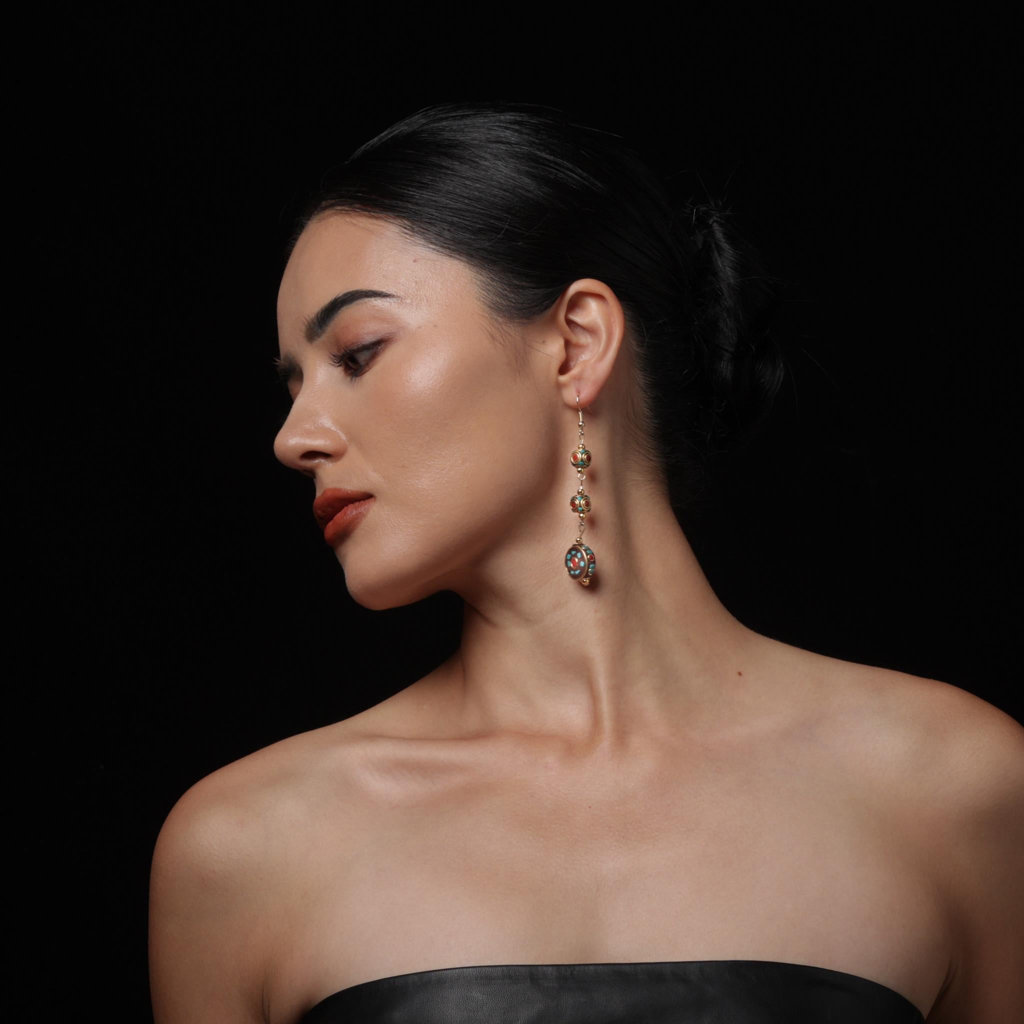 Tibetan Turquoise Red Agate Dangle Earrings