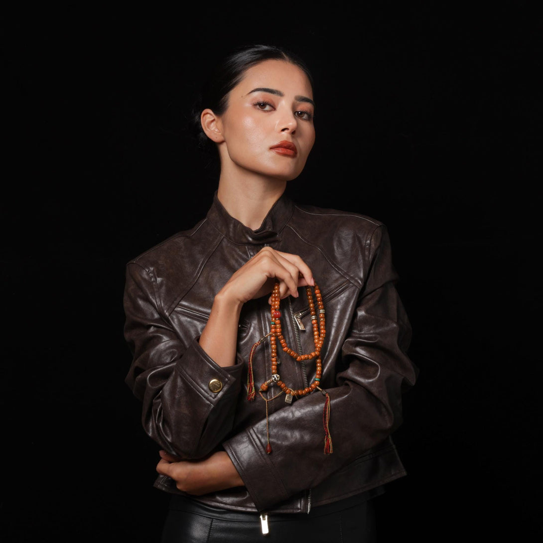 Yak Bone 108 Mala with Dzi Om Lotus Mantra Amulet