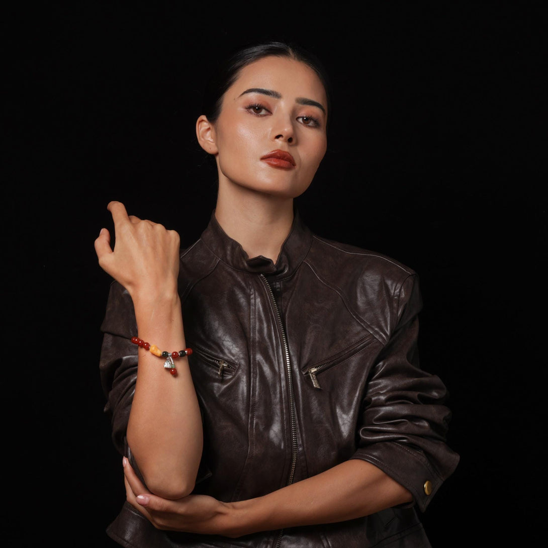 Red Agate Mala Bracelet with a Lotus Charm