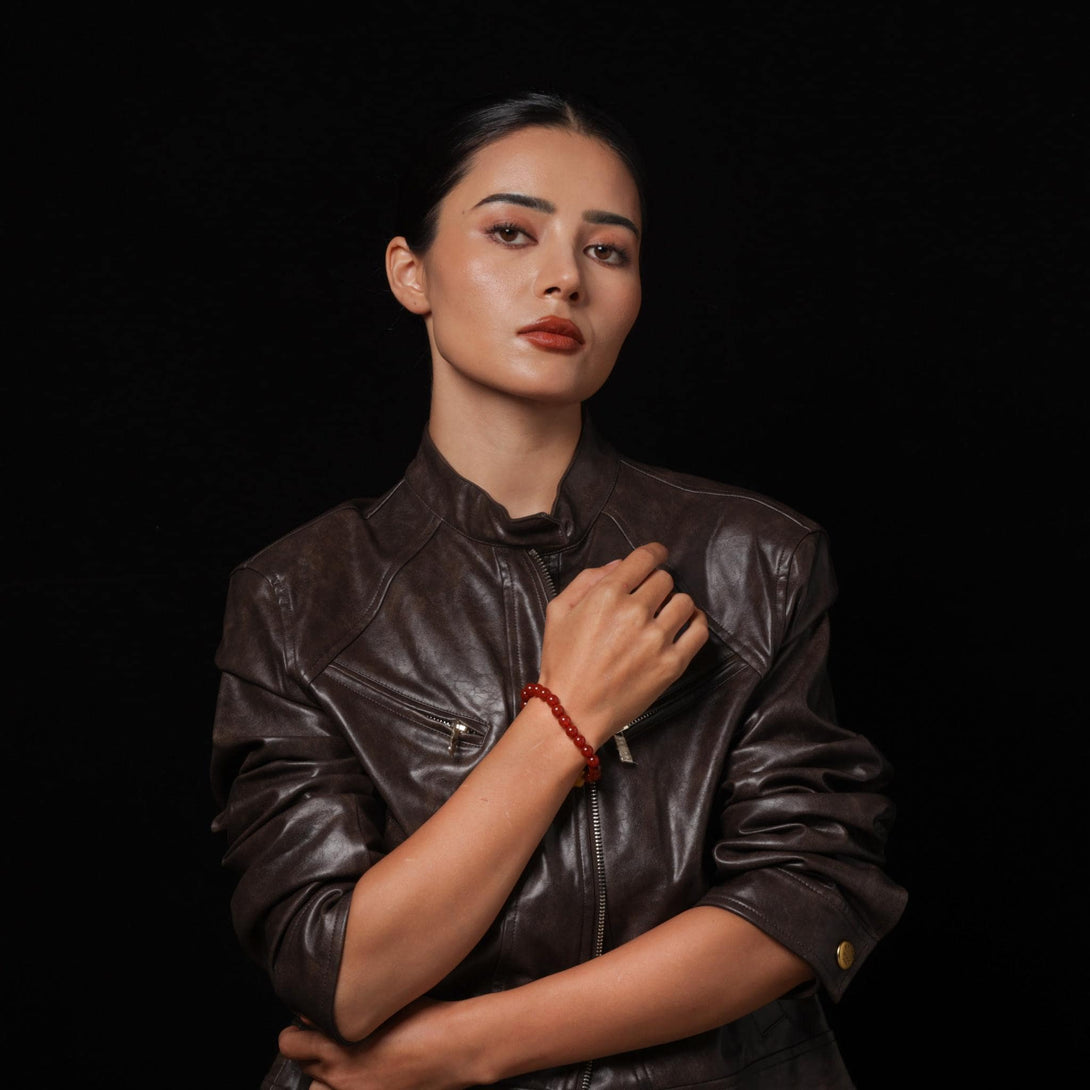 Red Agate Mala Bracelet with a Lotus Charm