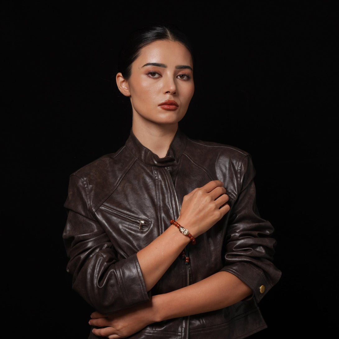 Yak Bone Carved Skull Amulet Tibetan Beaded Bracelet