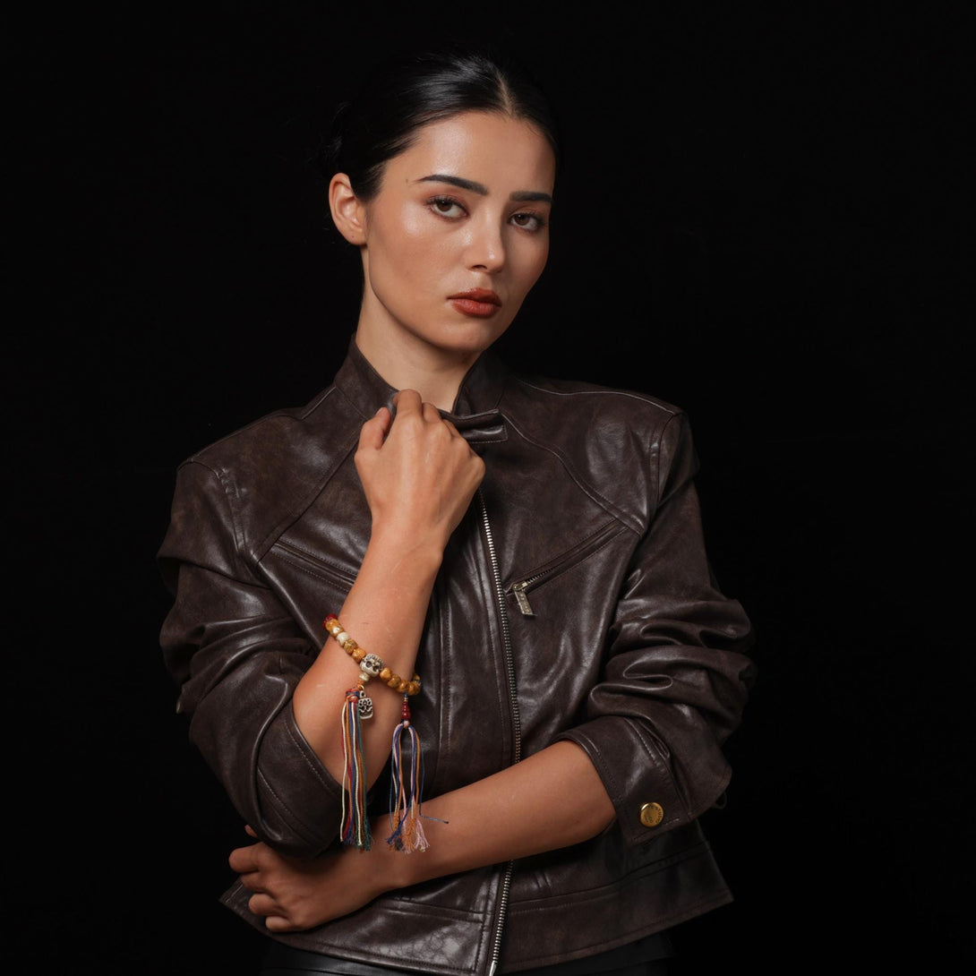 Yak Bone Carved Skull Amulet Tibetan Beaded Bracelet