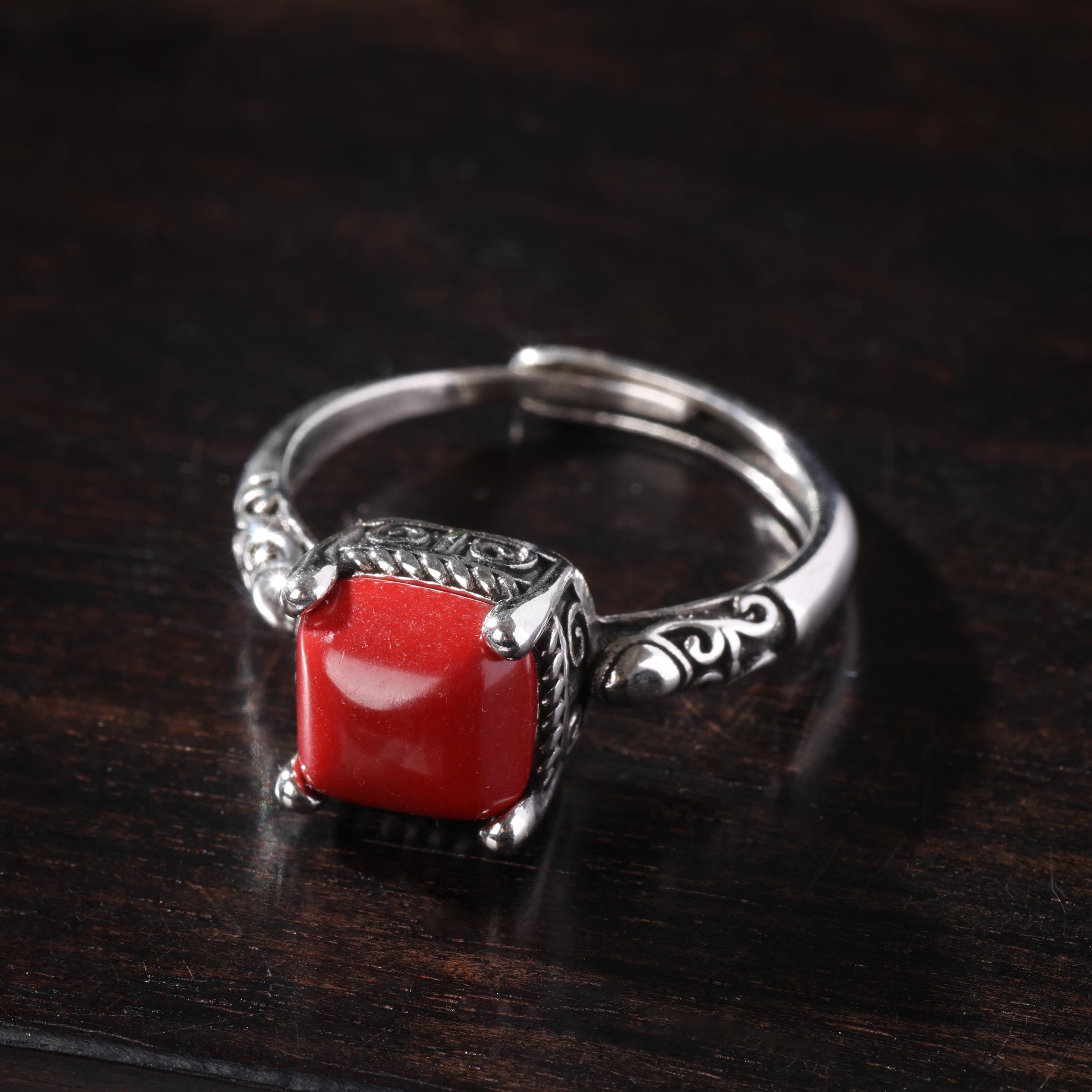 Tibetan Red Agate Sterling Silver Ring Adjustable