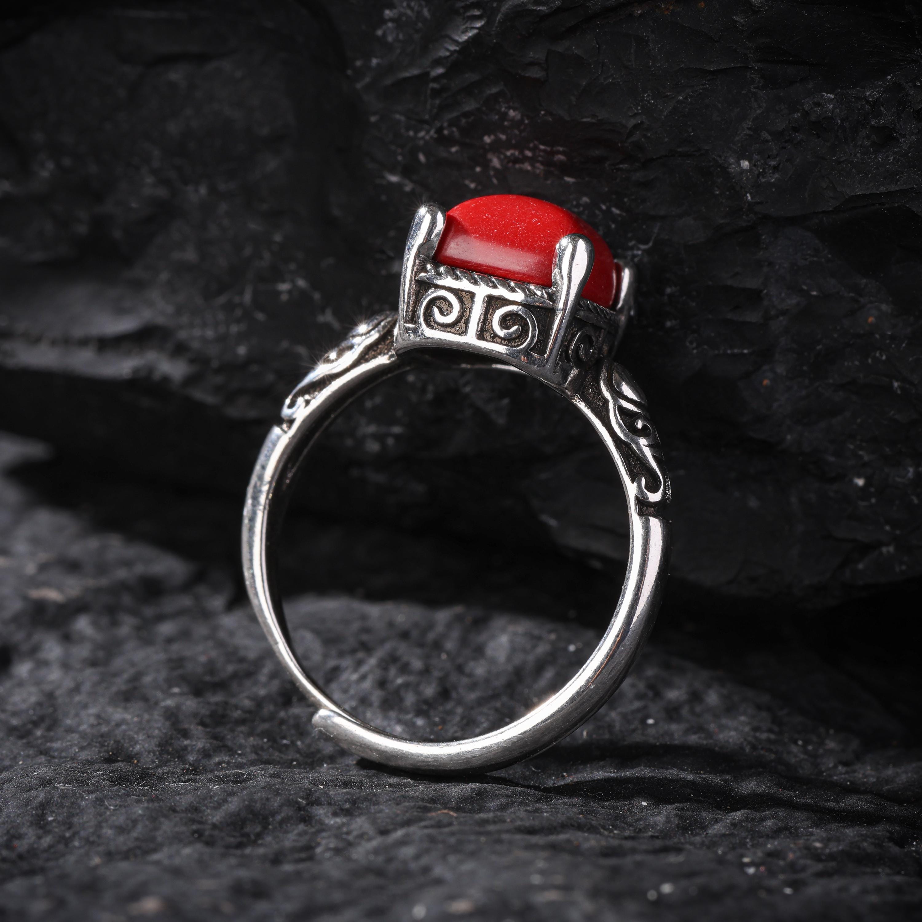 Tibetan Red Agate Sterling Silver Ring Adjustable