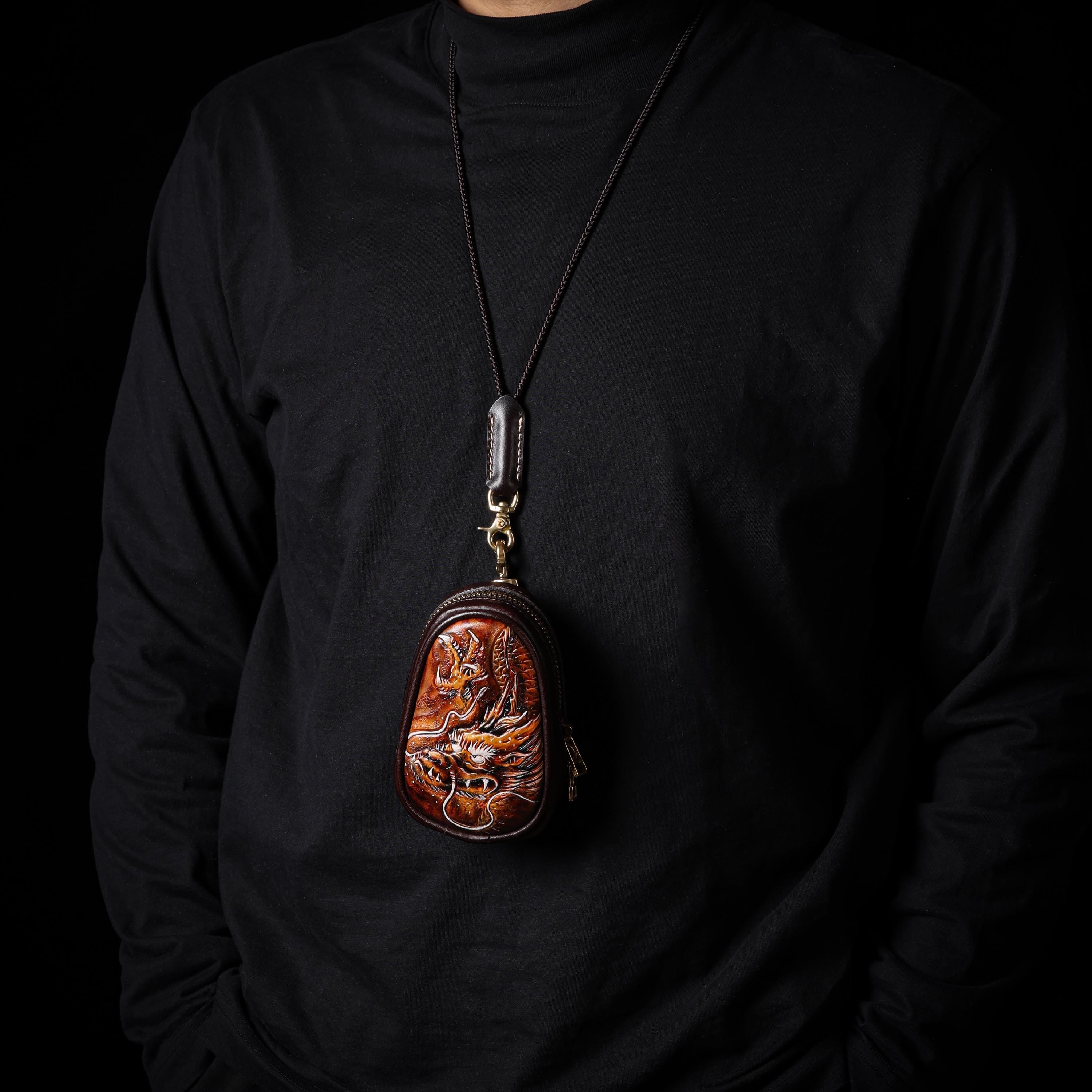 AURA DEER Dragon Leather Pouch Hand-Carved Travel Jewelry Case