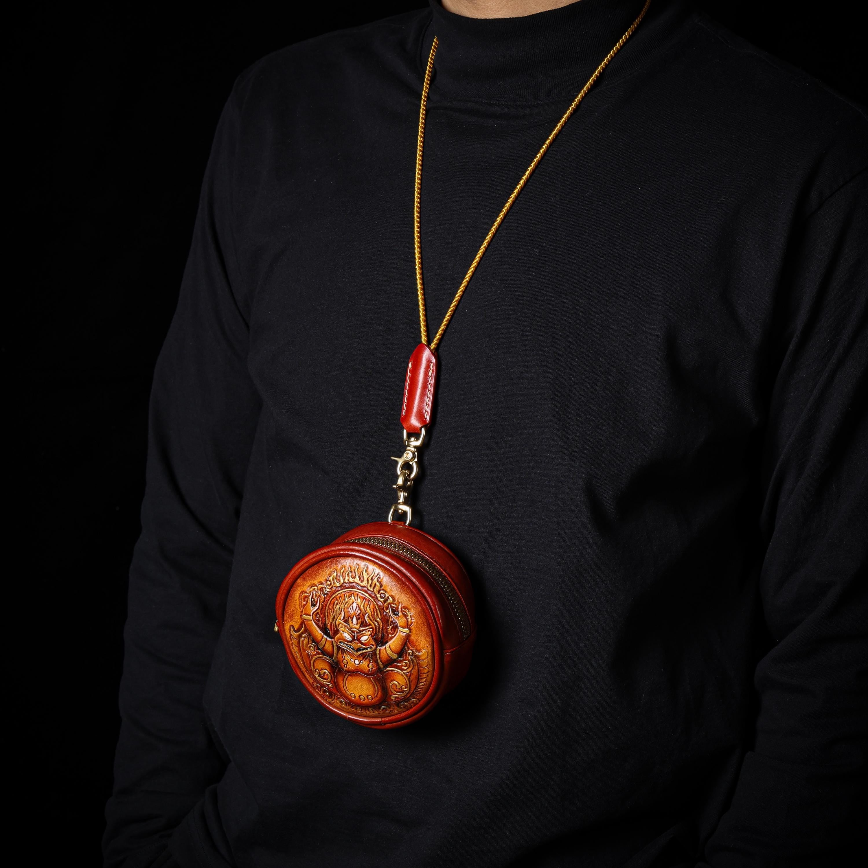 AURA DEER Garuda Leather Jewelry Pouch | Veg-Tan Full-Grain Cowhide | Round Travel Case