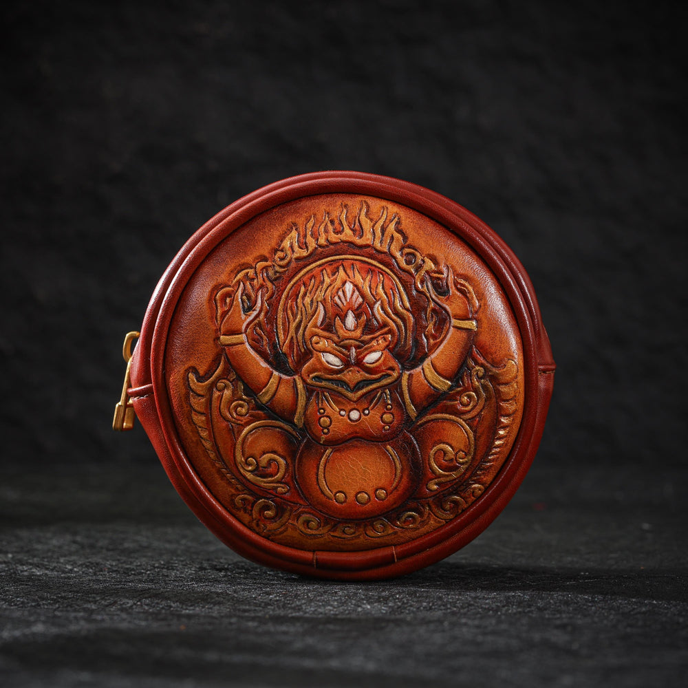 AURA DEER Garuda Leather Jewelry Pouch | Veg-Tan Full-Grain Cowhide | Round Travel Case