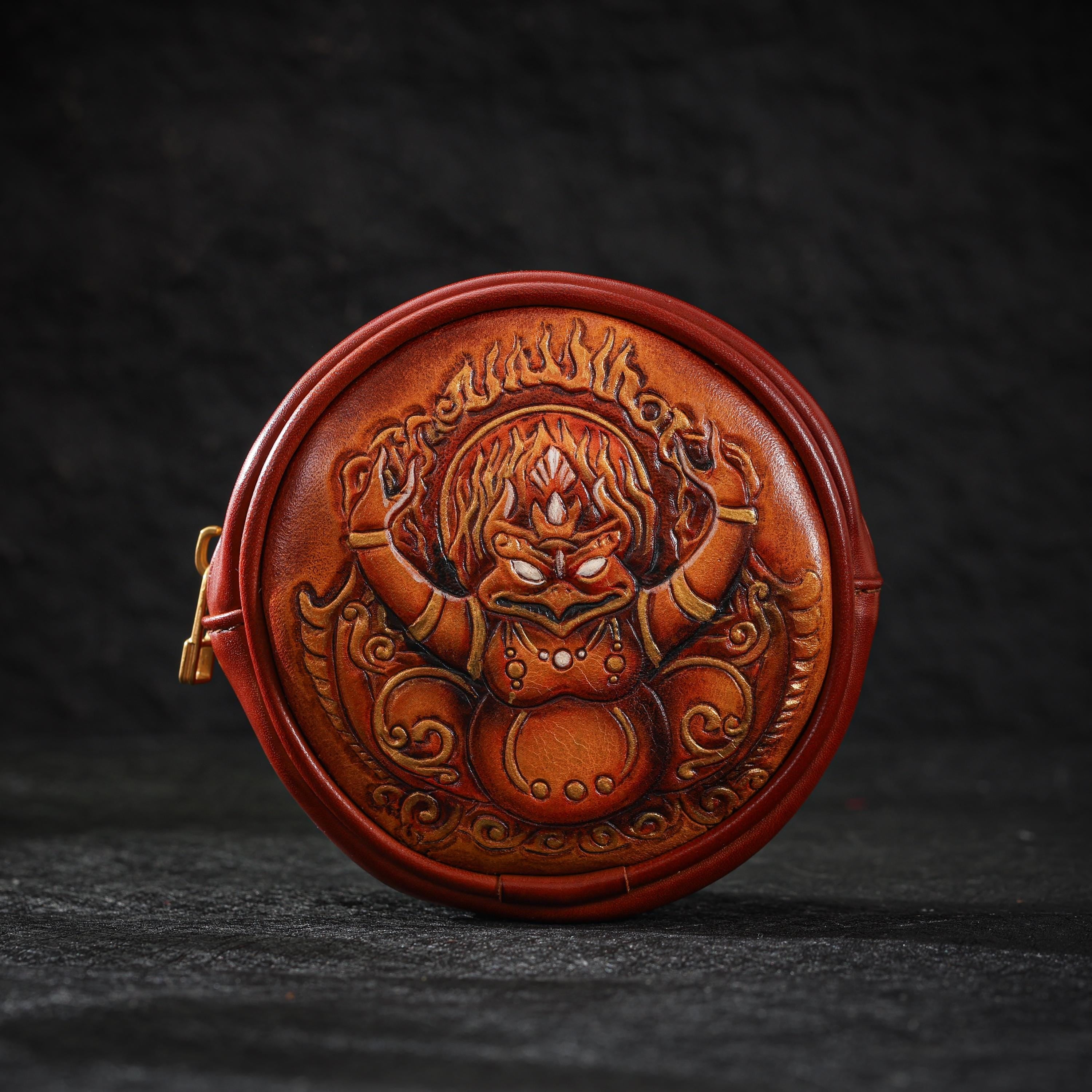 AURA DEER Garuda Leather Jewelry Pouch | Veg-Tan Full-Grain Cowhide | Round Travel Case