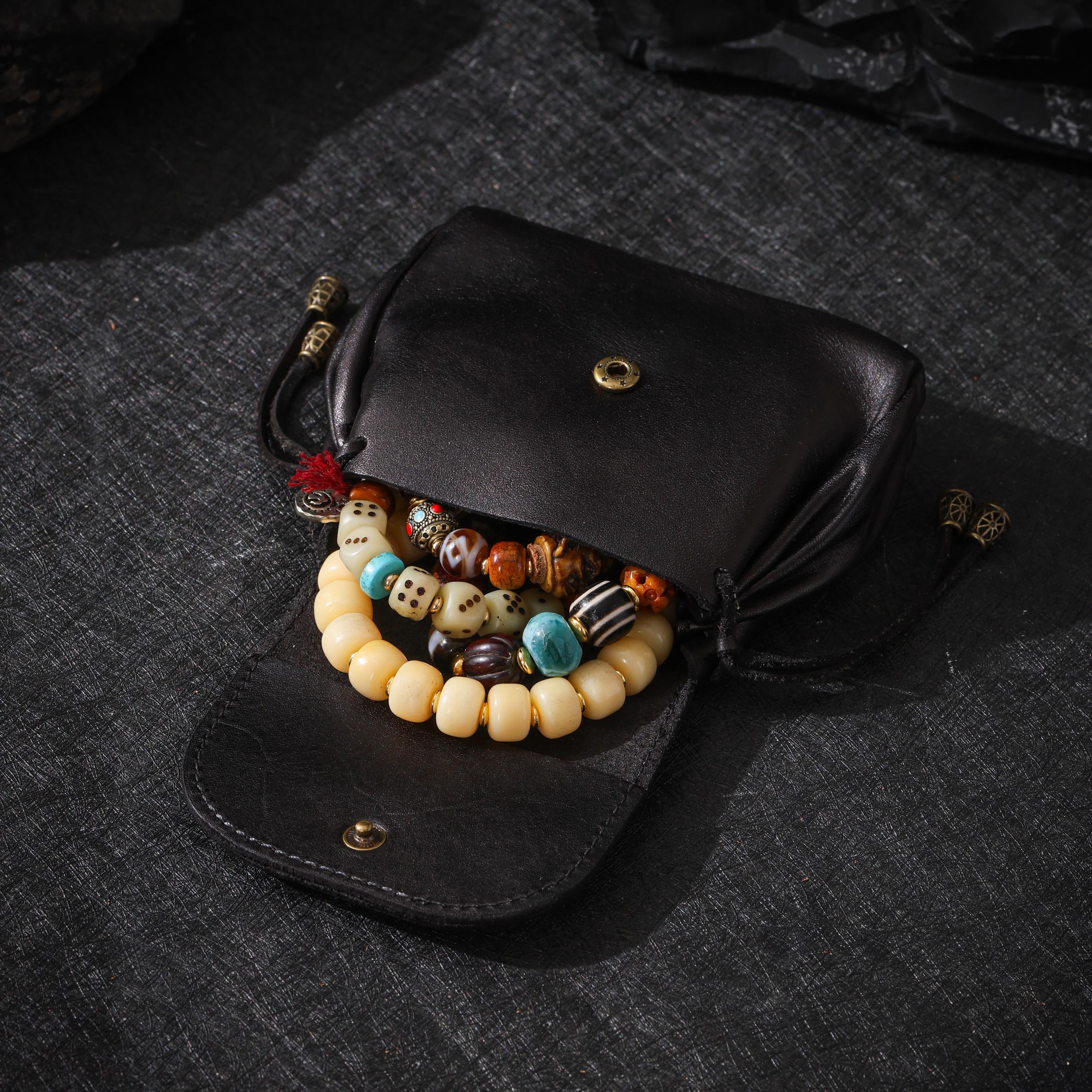 AURA DEER Vintage Veg-Tan Leather Pouch | Handmade Drawstring Rustic Jewelry Storage Bag