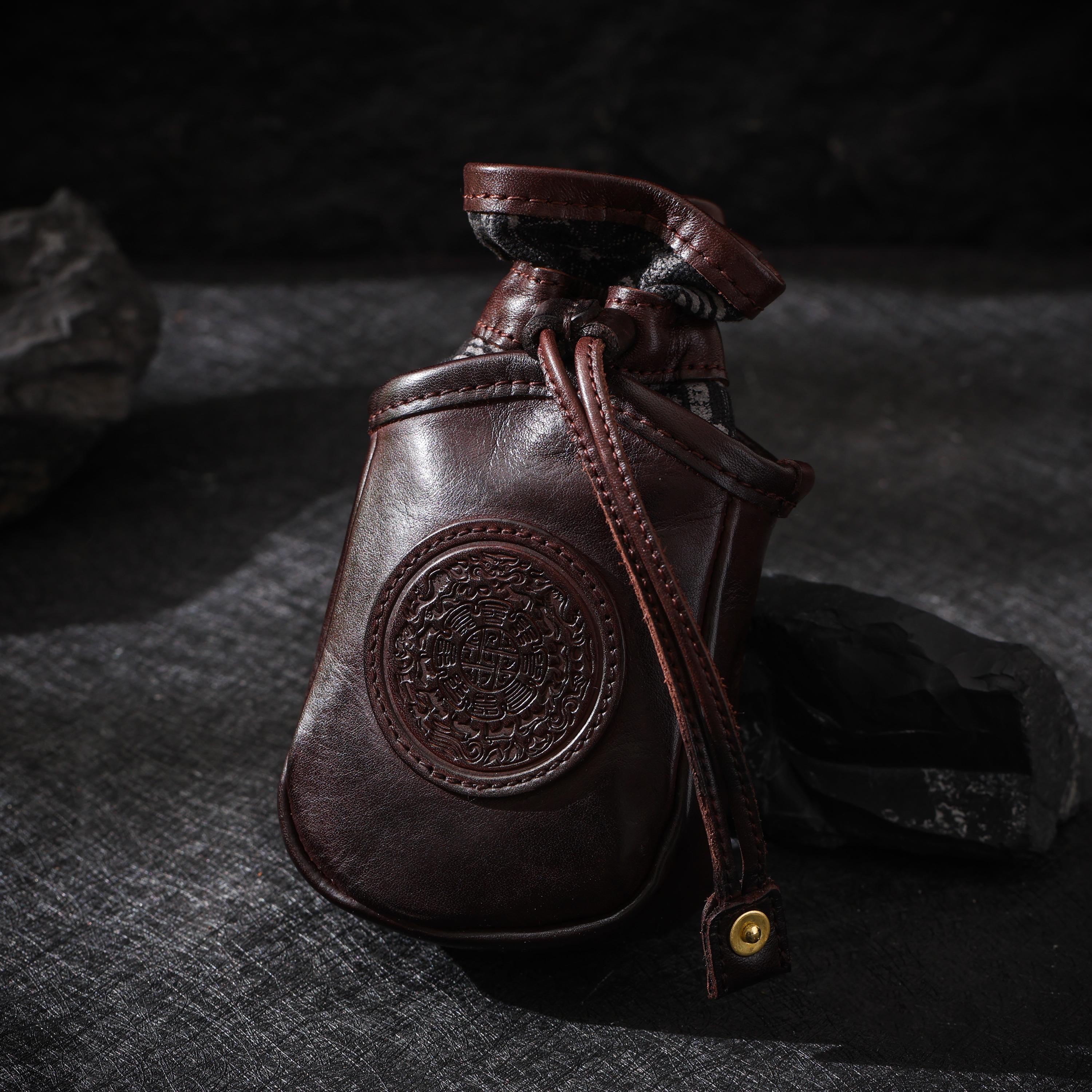 AURA DEER Vintage Veg-Tan Leather Pouch | Handmade Drawstring Rustic Jewelry Storage Bag