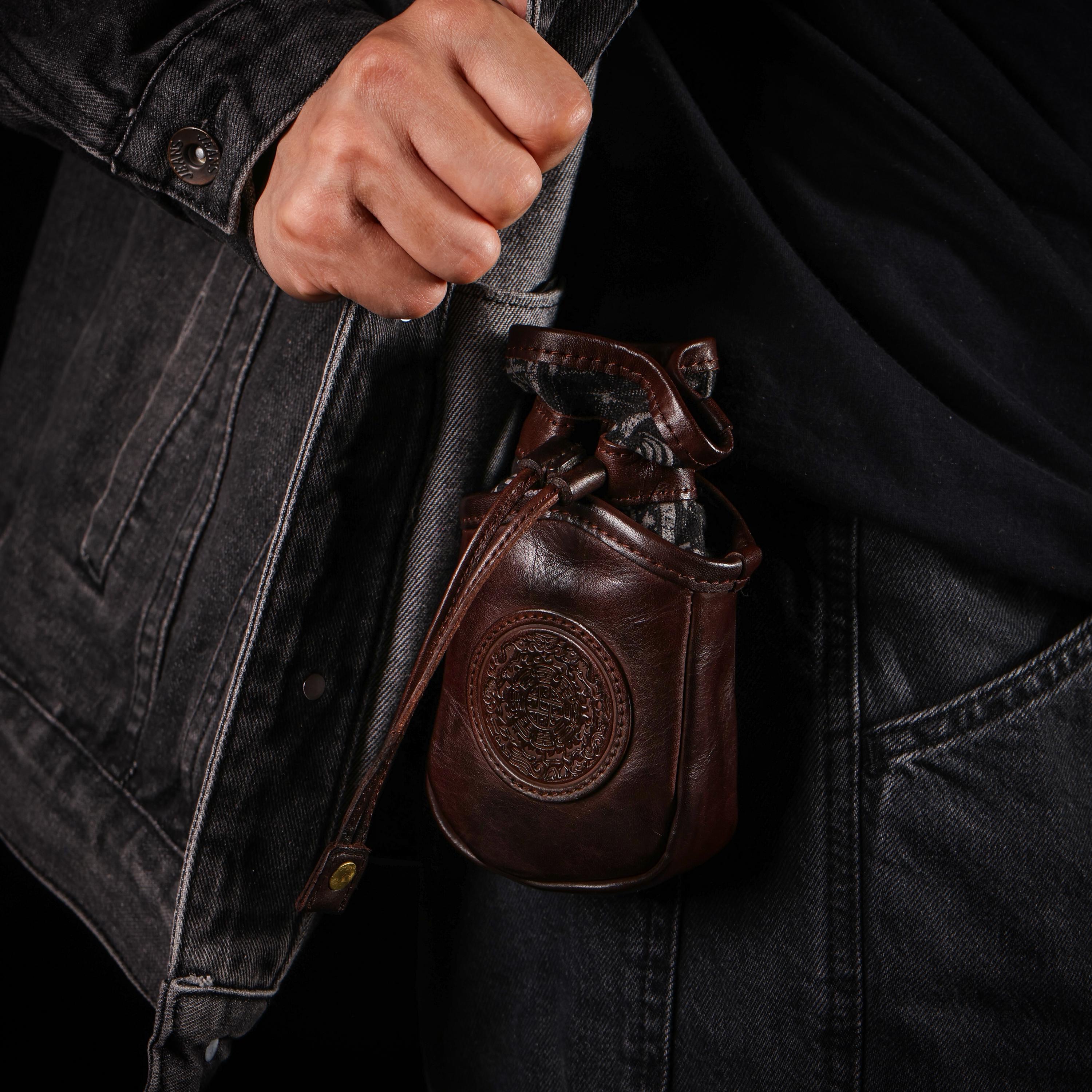 AURA DEER Vintage Veg-Tan Leather Pouch | Handmade Drawstring Rustic Jewelry Storage Bag