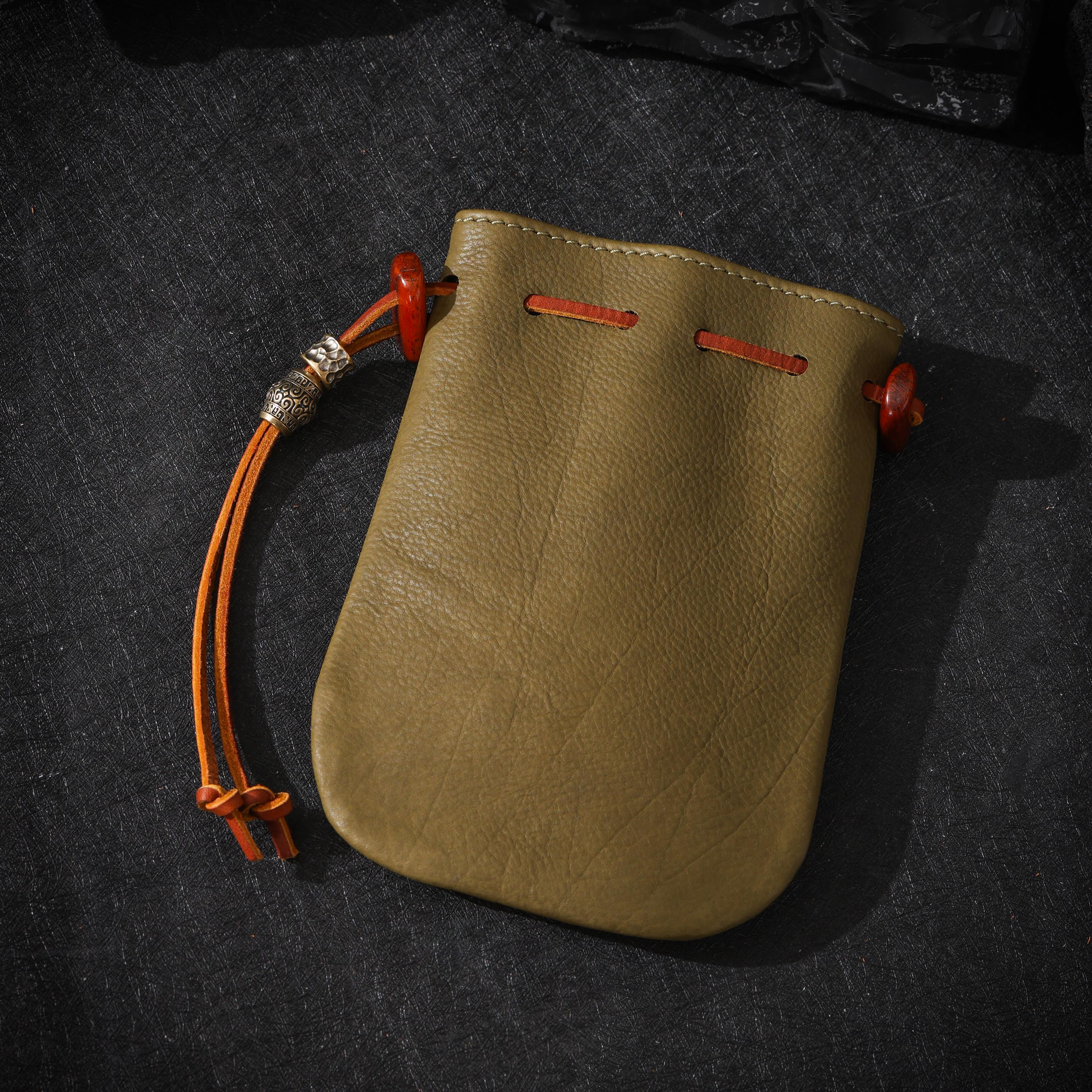 AURA DEER Vintage Genuine Cowhide Jewelry Pouch | Drawstring Leather Jewelry Storage Bag Travel Case