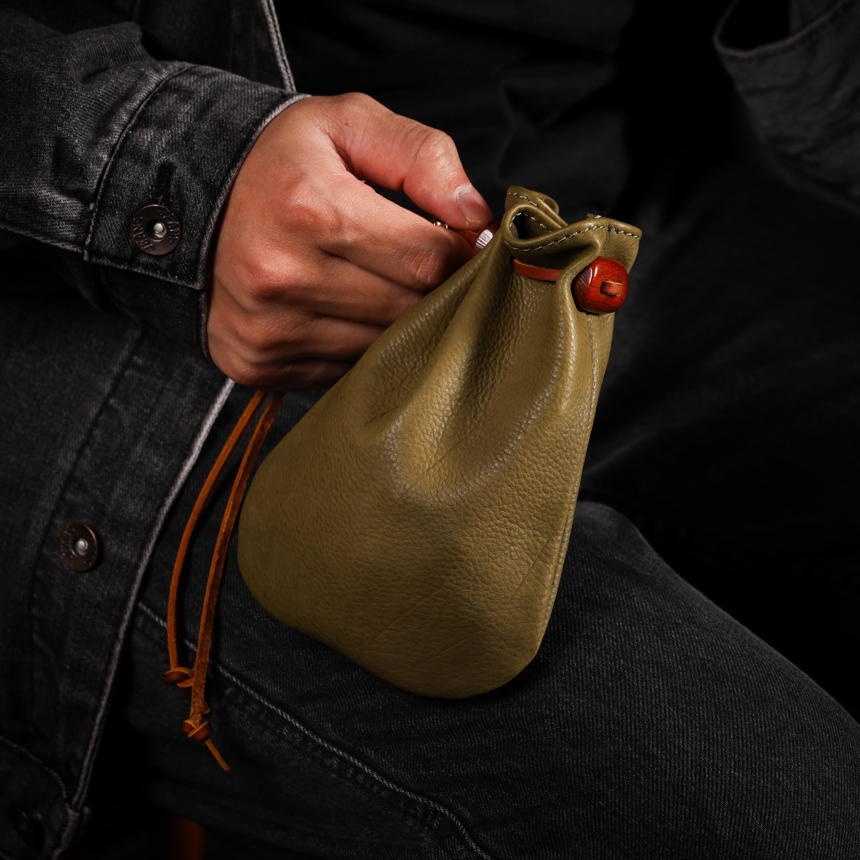 AURA DEER Vintage Genuine Cowhide Jewelry Pouch | Drawstring Leather Jewelry Storage Bag Travel Case