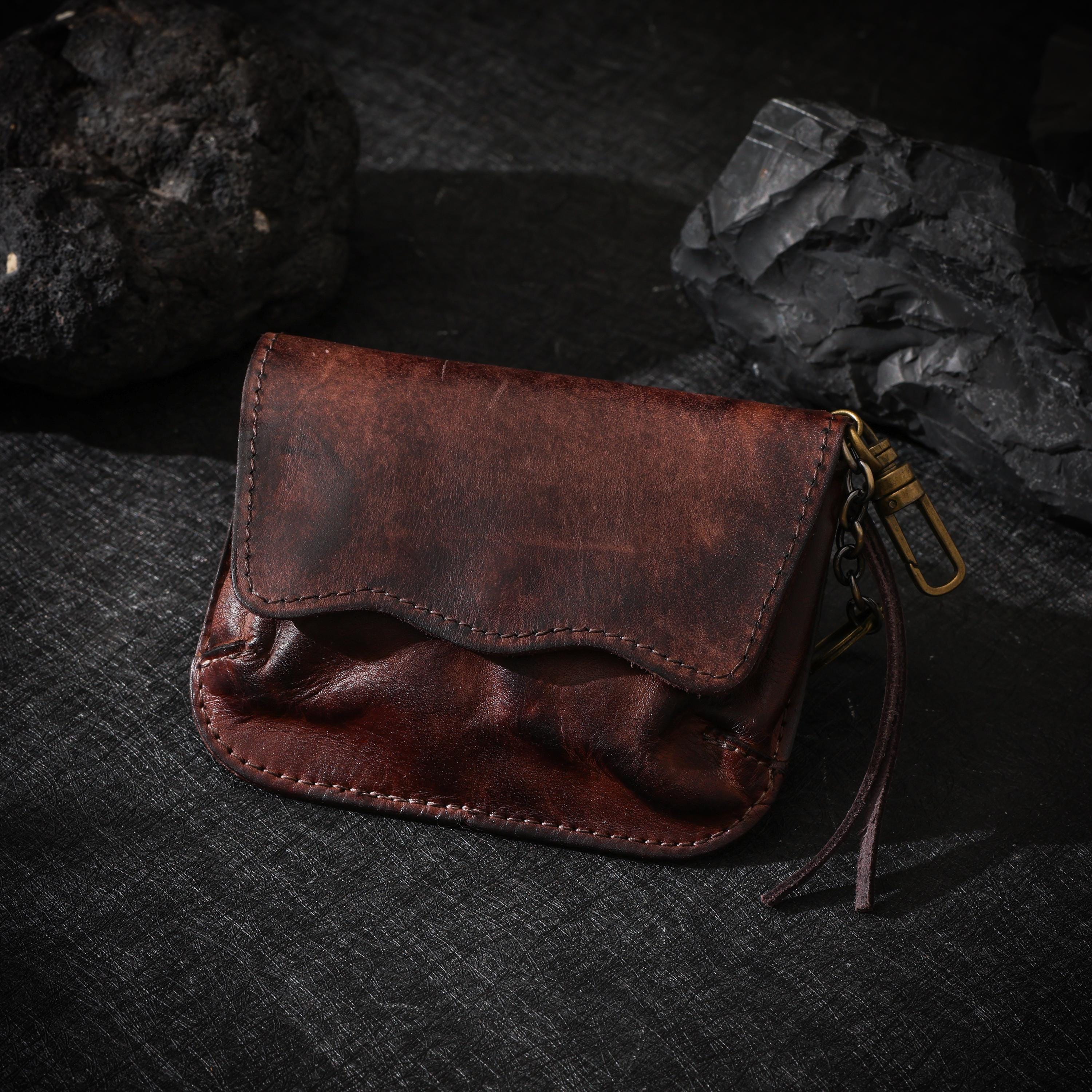 AURA DEER Tibetan Vintage Veg-Tan Leather Pouch | Handmade Drawstring Rustic Jewelry Storage Bag