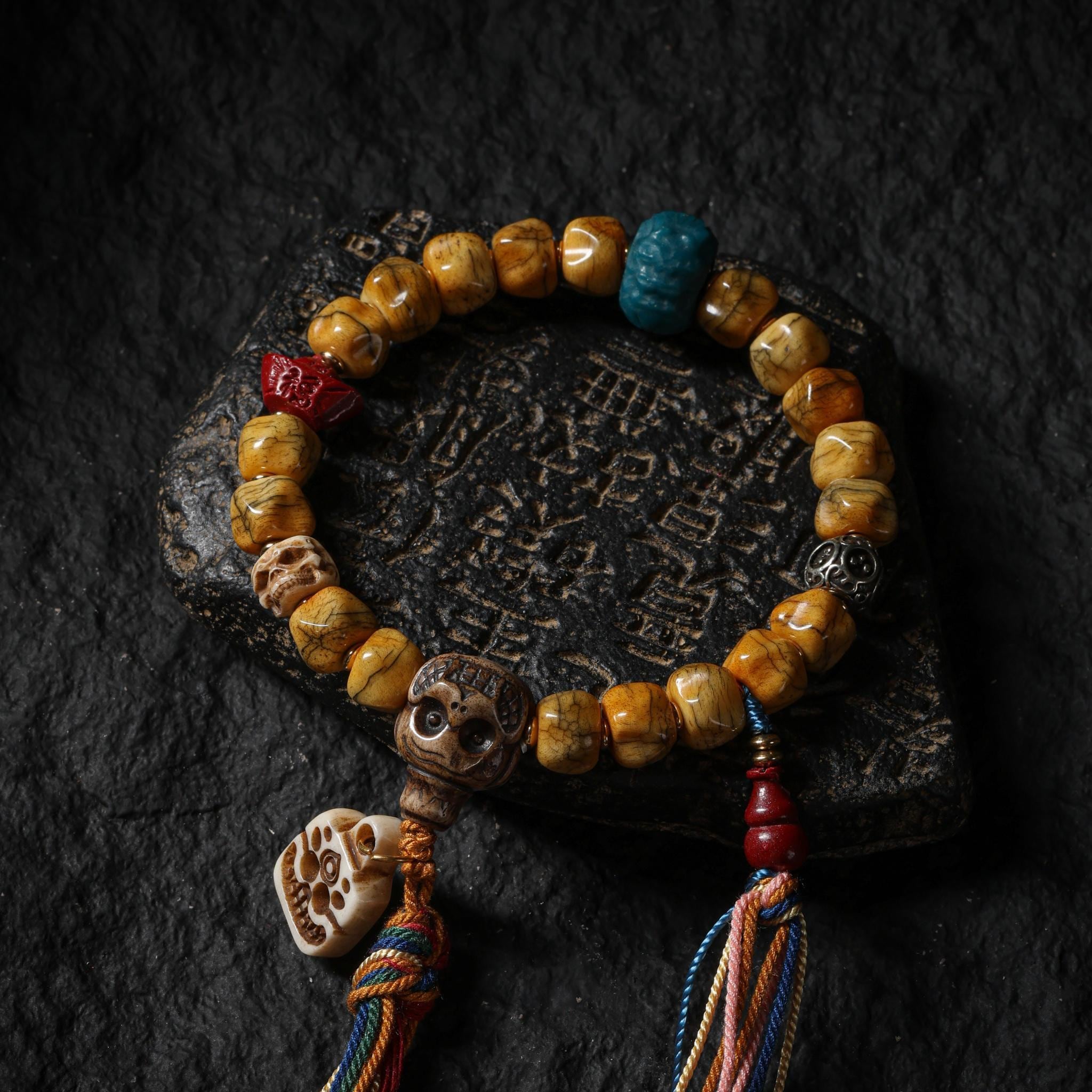 Yak Bone Carved Skull Amulet Tibetan Beaded Bracelet