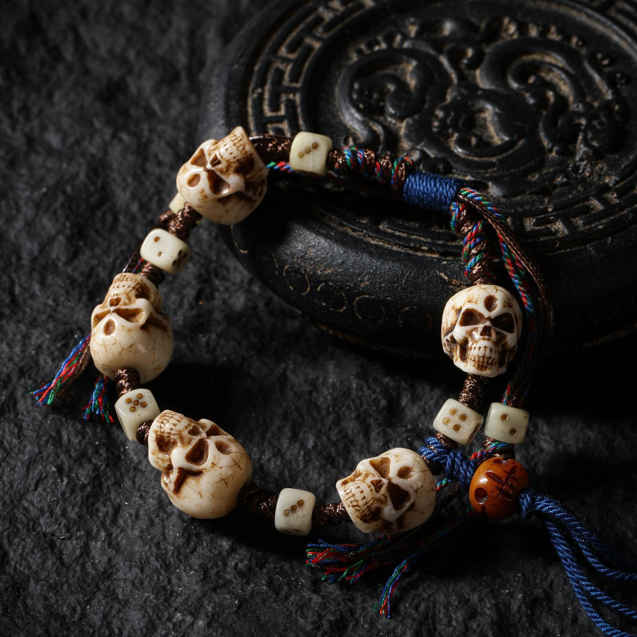 Yak Bone Carved Skull Amulet Tibetan Beaded Bracelet