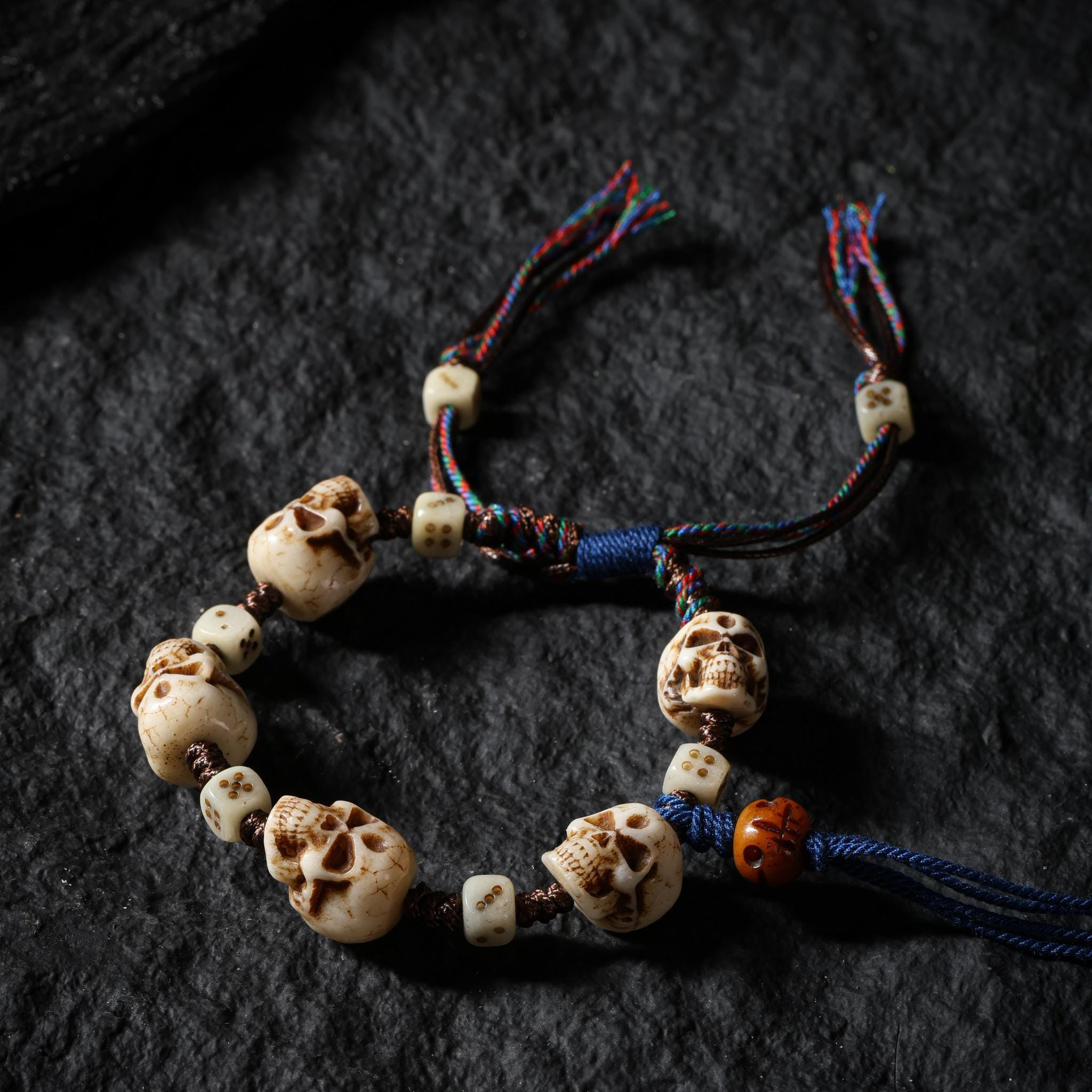 Yak Bone Carved Skull Amulet Tibetan Beaded Bracelet