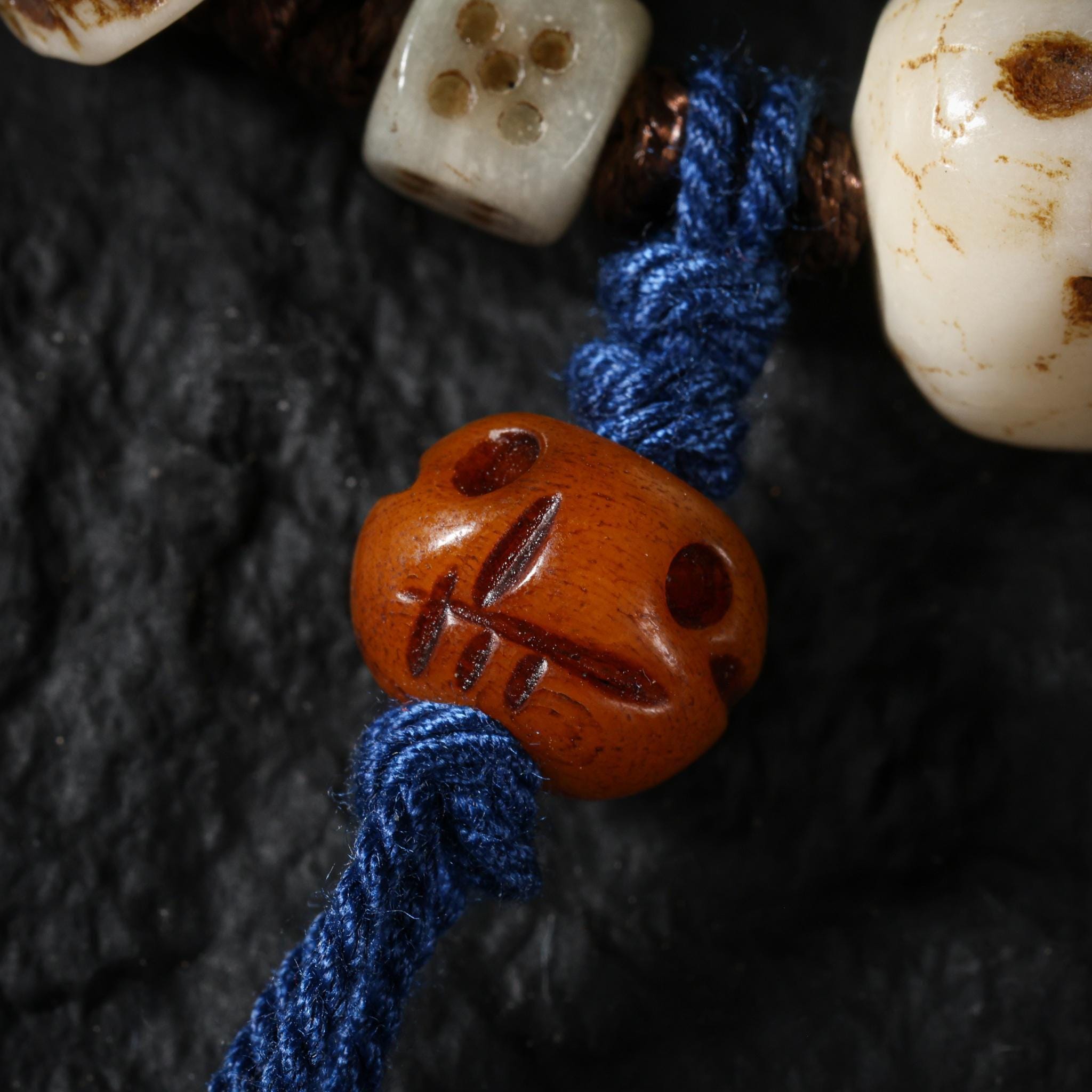 Yak Bone Carved Skull Amulet Tibetan Beaded Bracelet