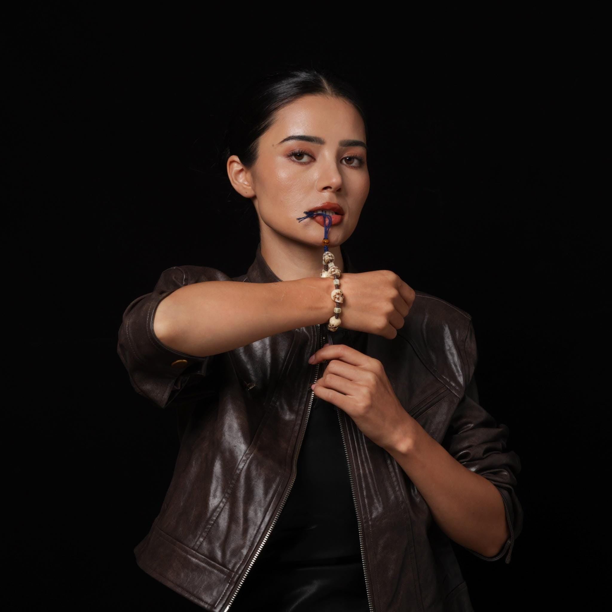 Yak Bone Carved Skull Amulet Tibetan Beaded Bracelet