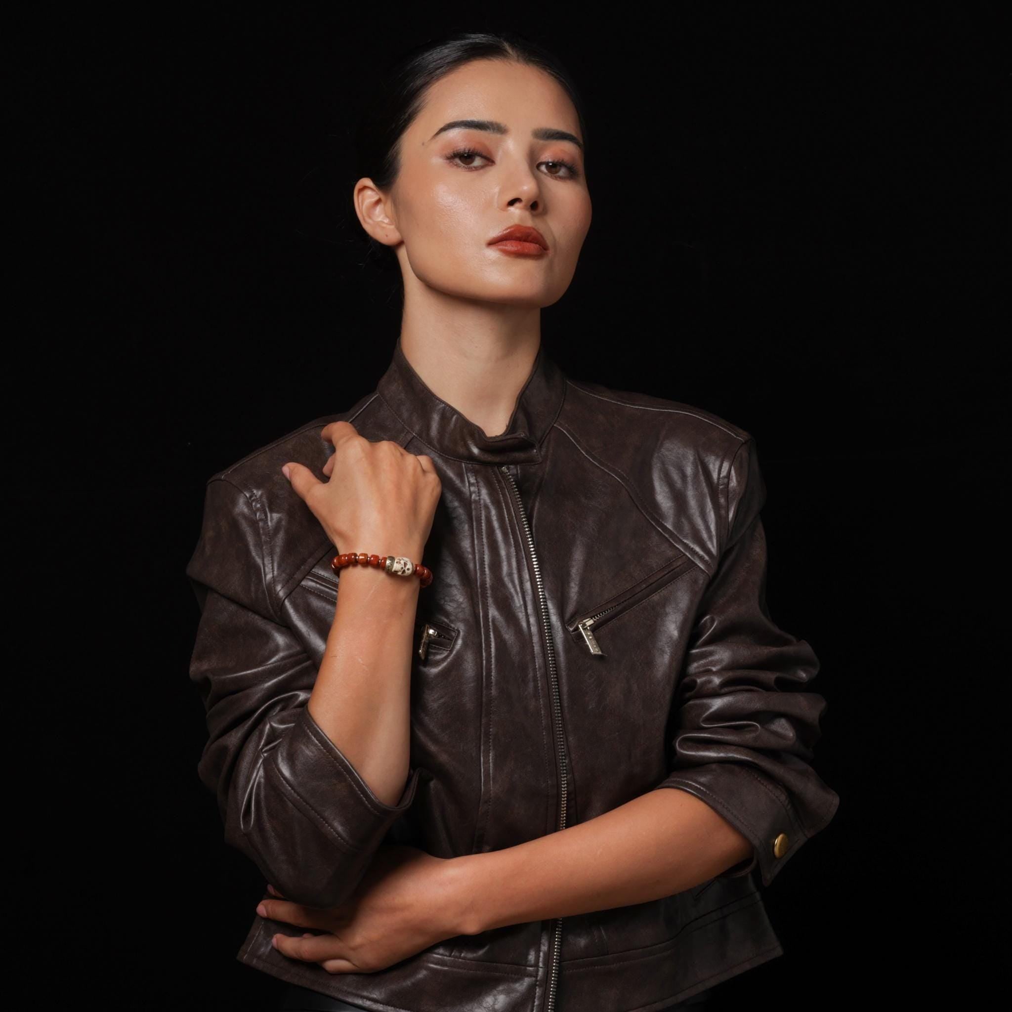 Yak Bone Carved Skull Amulet Tibetan Beaded Bracelet