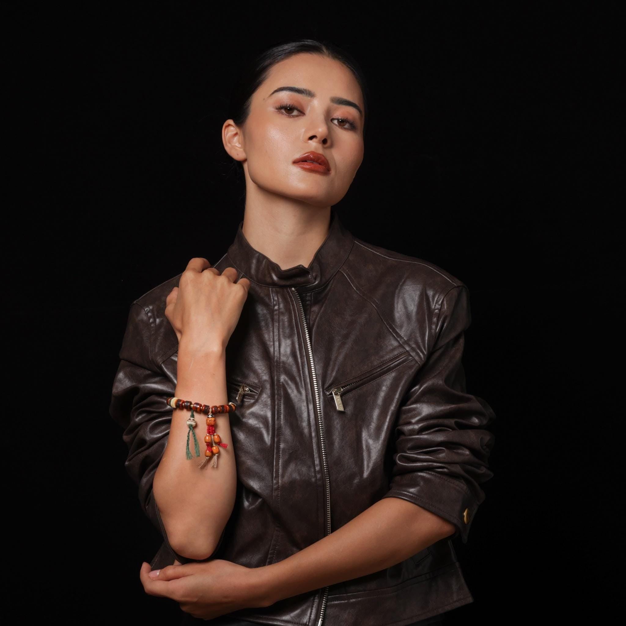 Red Yak Bone Bracelet with Skull & Dzi Beads