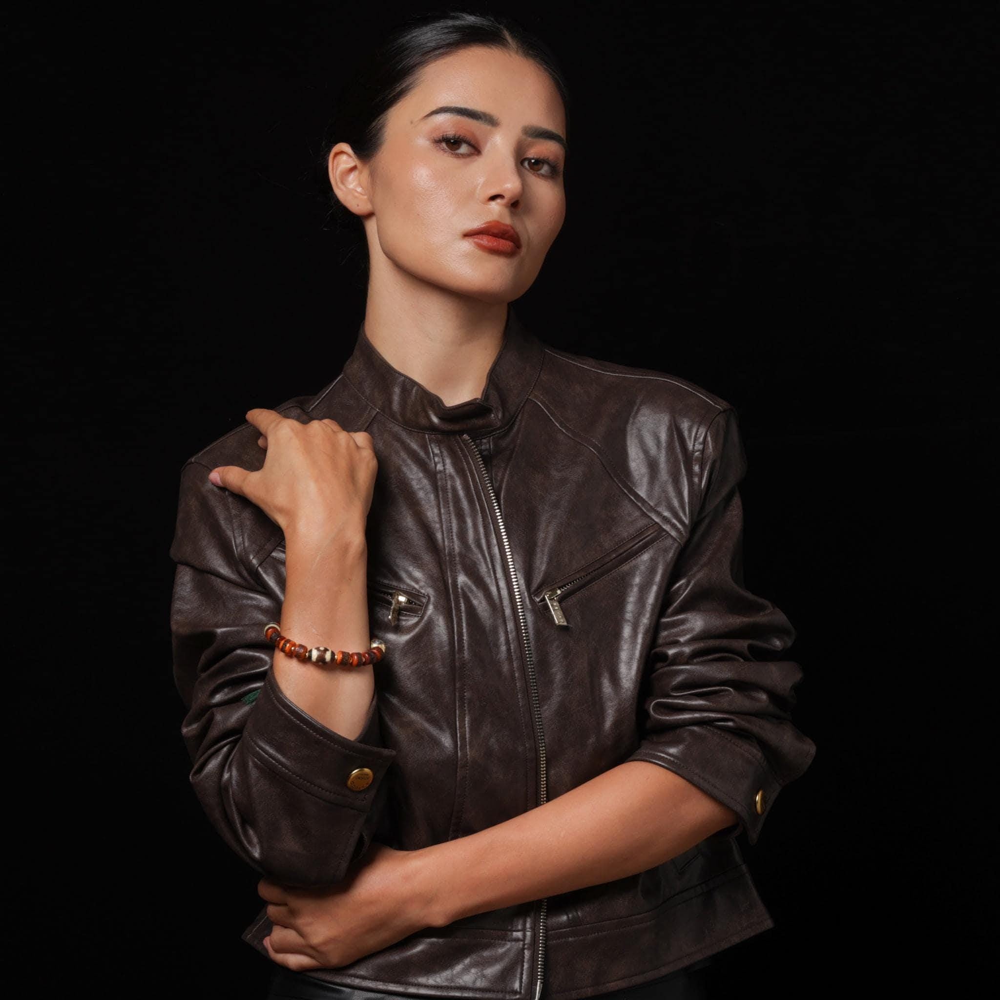 Red Yak Bone Bracelet with Skull & Dzi Beads