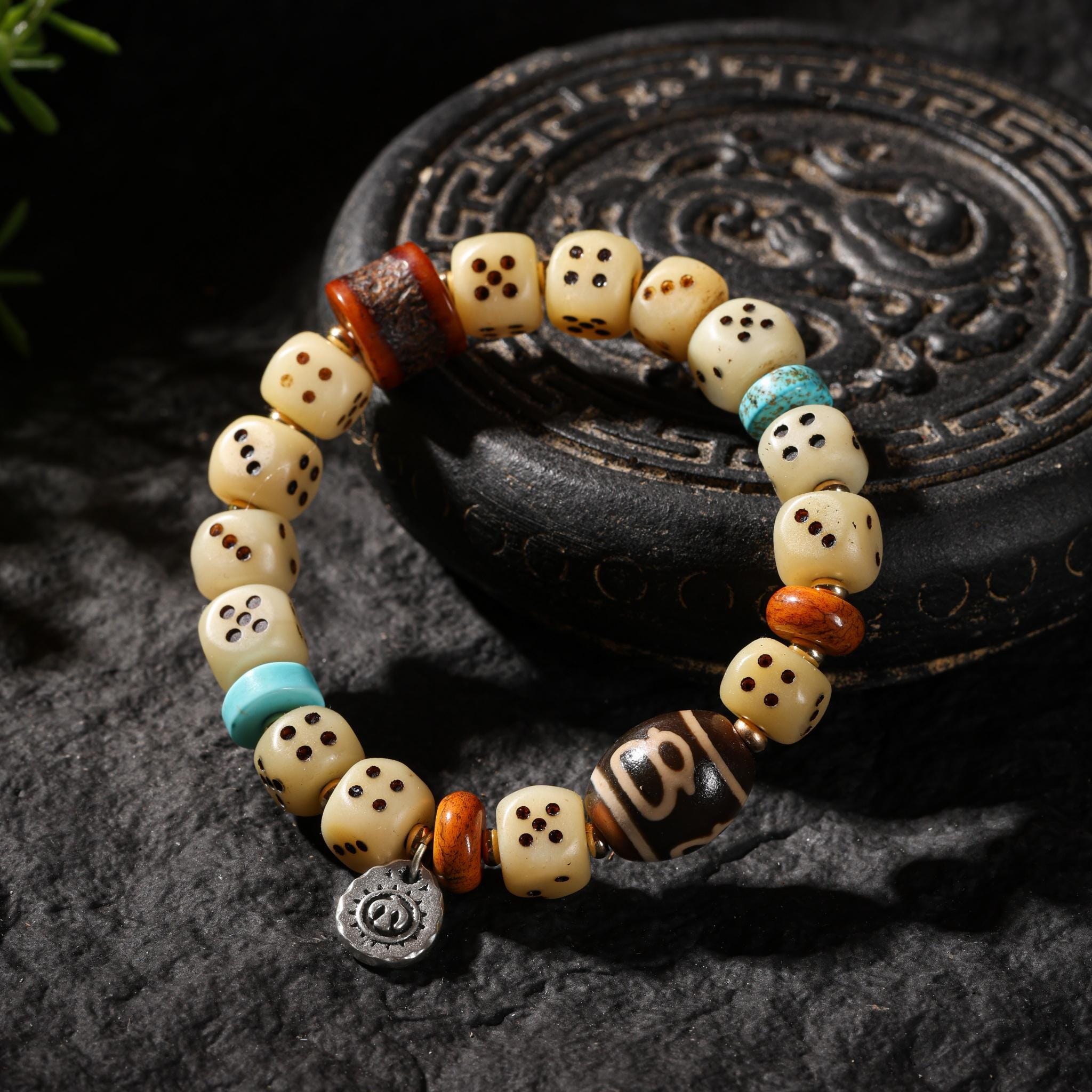 Yak Bone Bracelet Turquoise & Dzi Accents