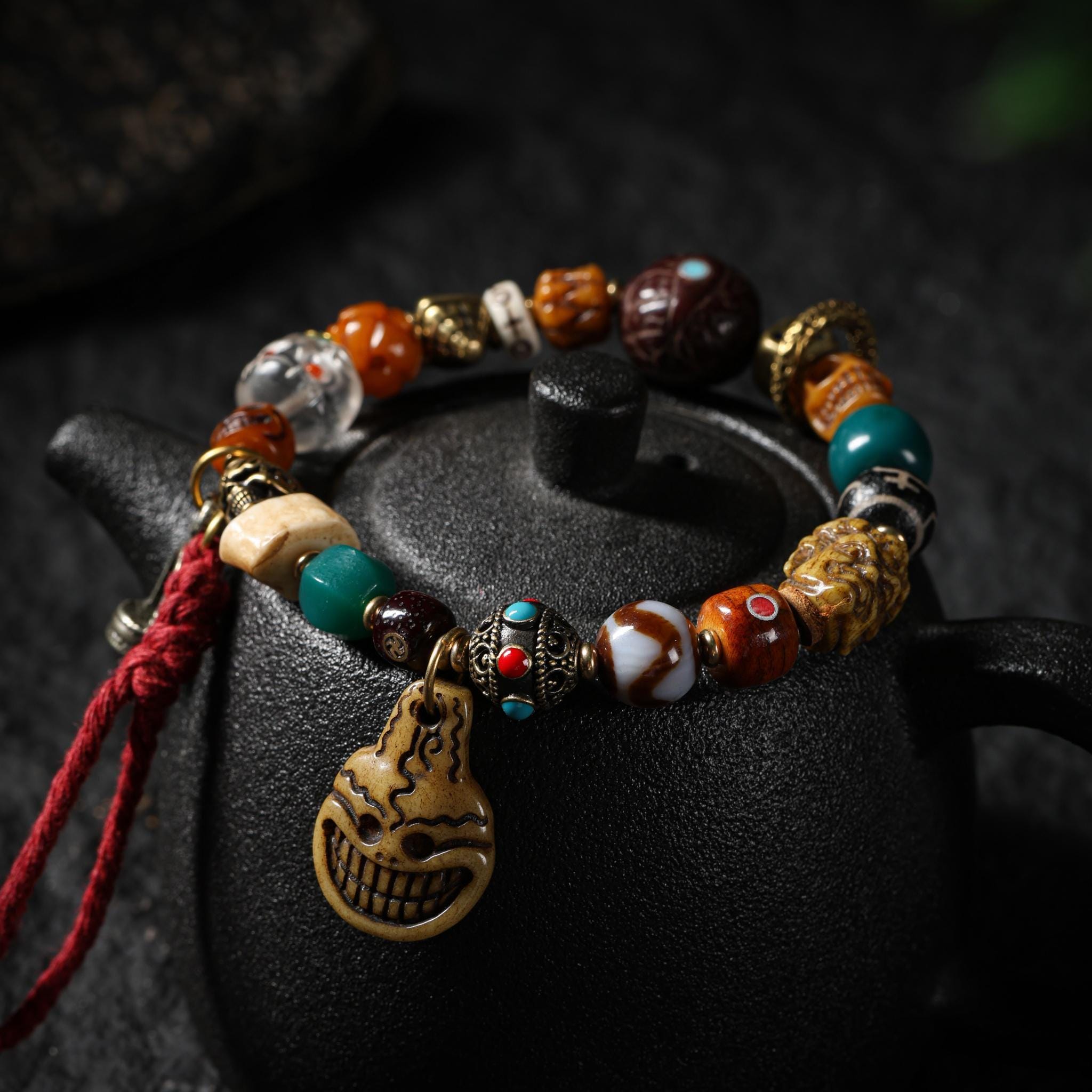 Tibetan Amulet Bracelet Yak Bone, Turquoise, Agate & Dzi Bead