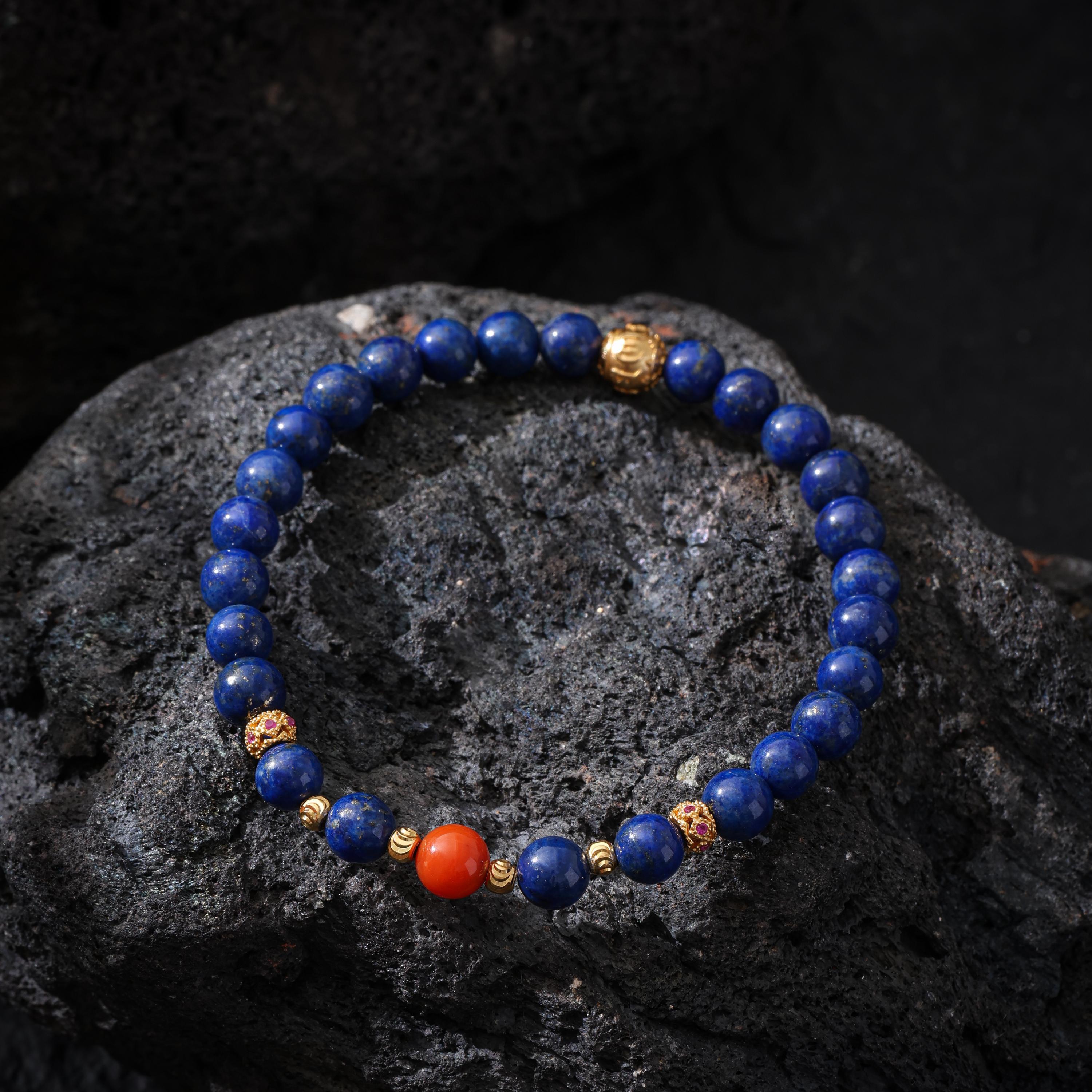 Lapis Lazuli bracelet Red Agate, Ruby, Gold-plated
