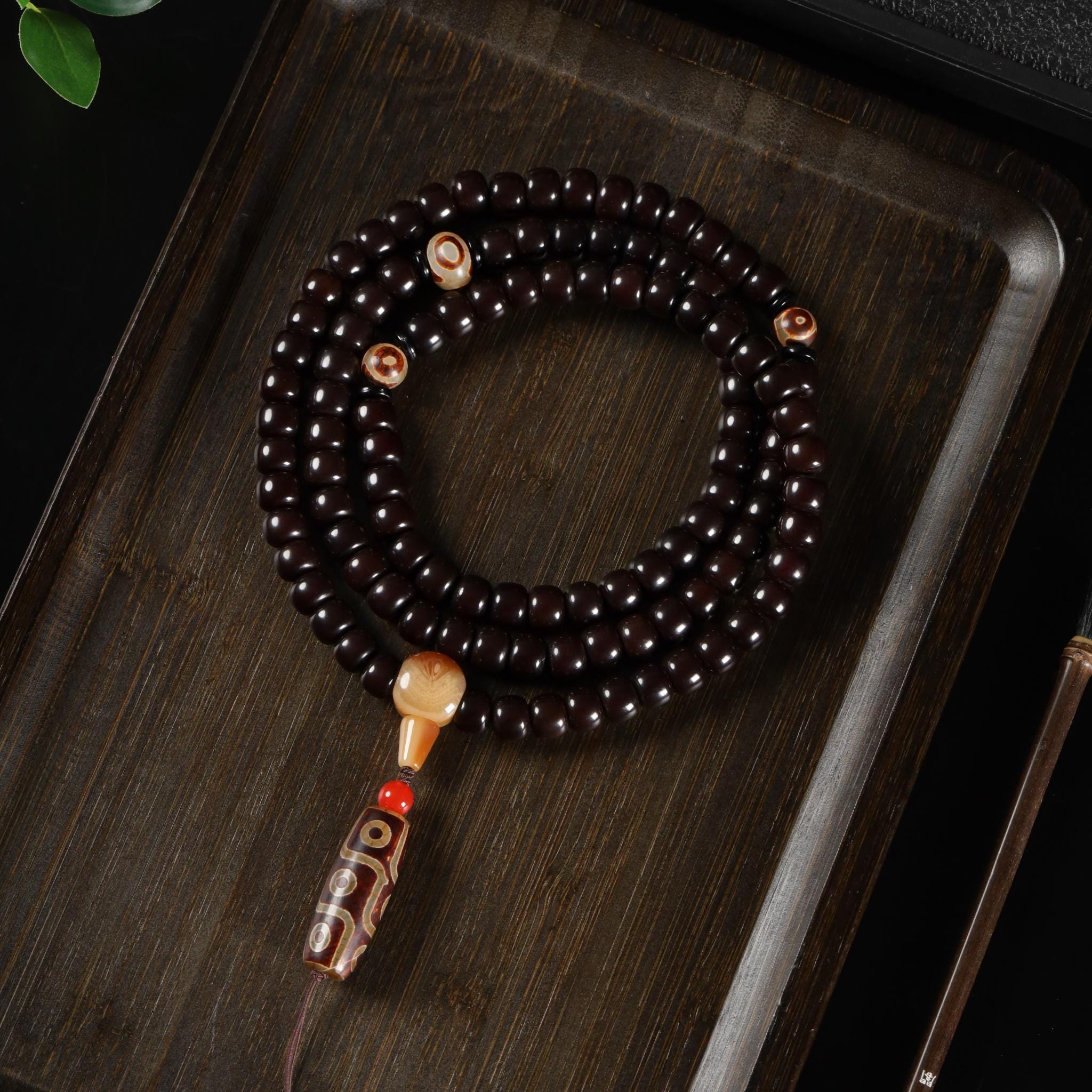 Dzi Beads Black Bodhi 108 Mala Necklace