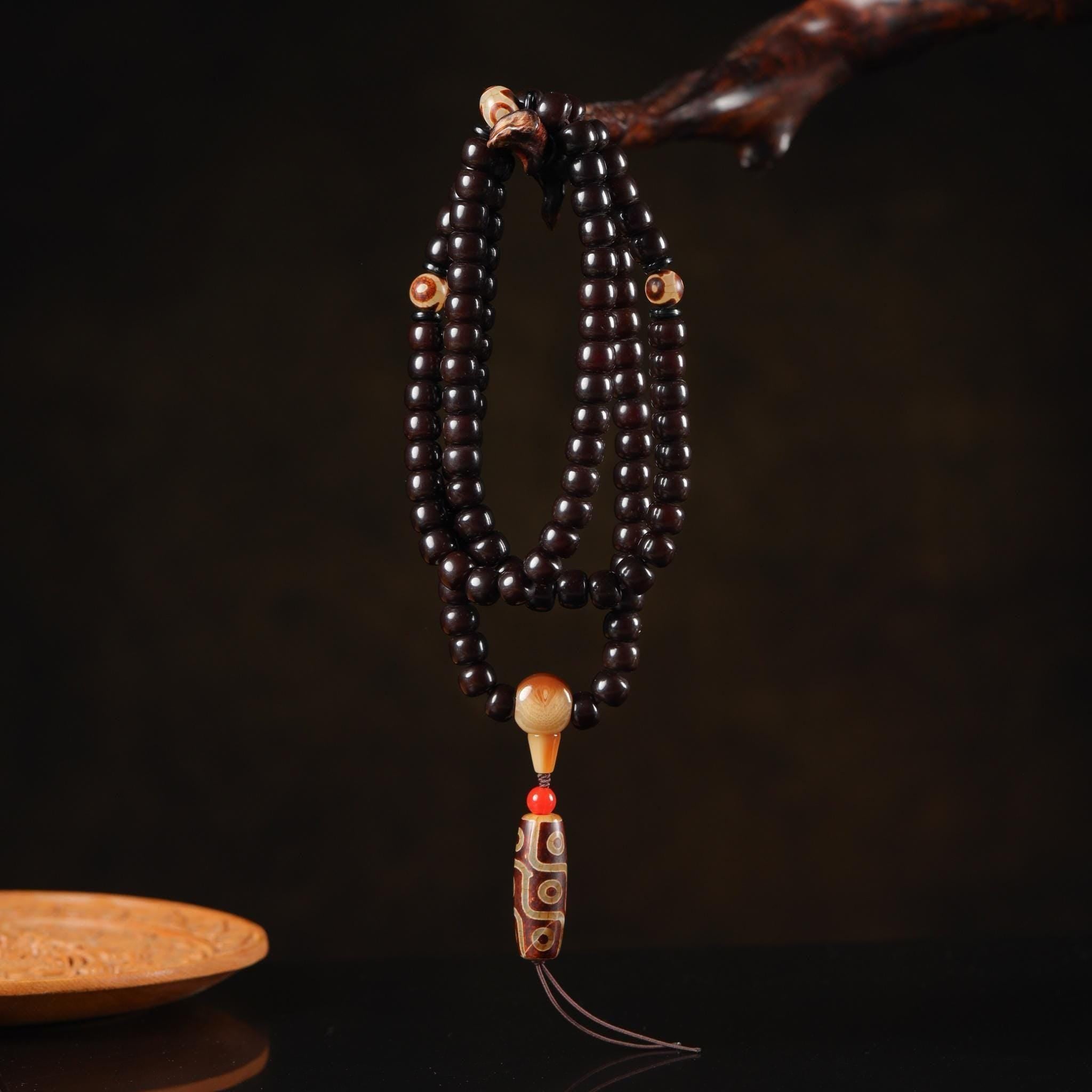 Dzi Beads Black Bodhi 108 Mala Necklace