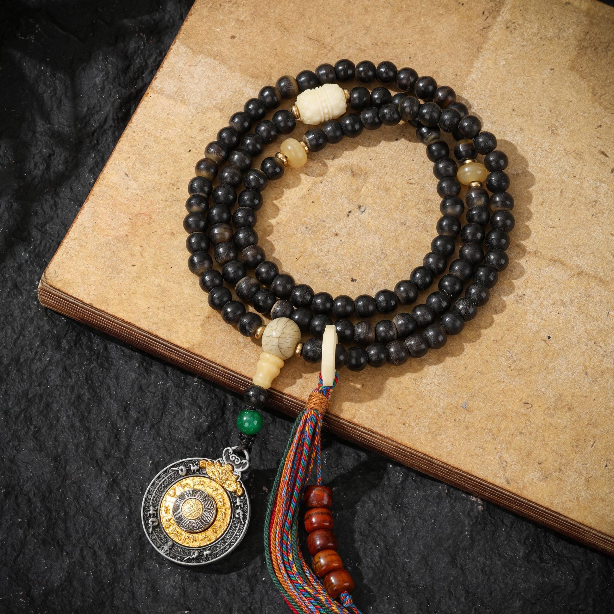 Yak Bone Mala Beads 108 with Tibetan Silver Amulet