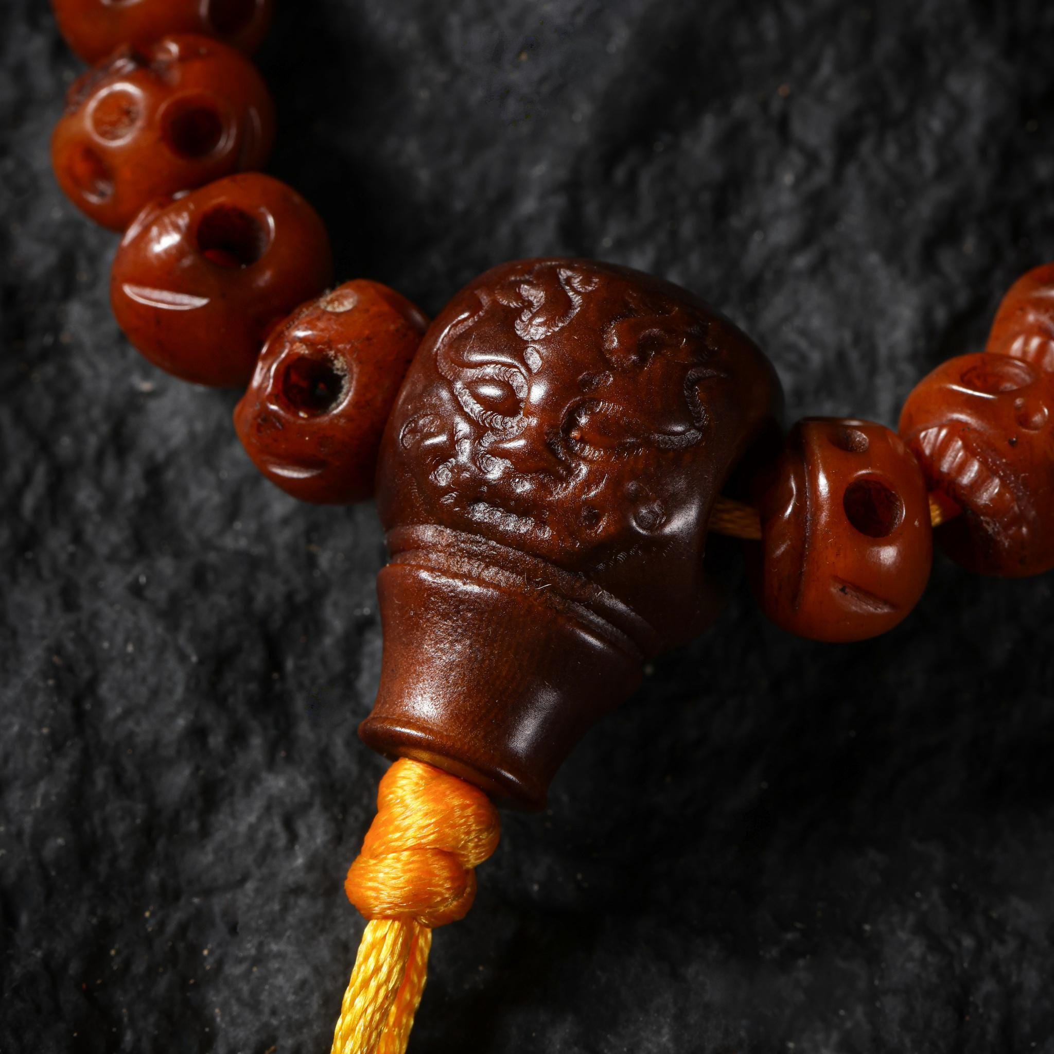 Yak Bone Skull 108 Beads Mala Bracelet, Aged Round & Barrel Beads