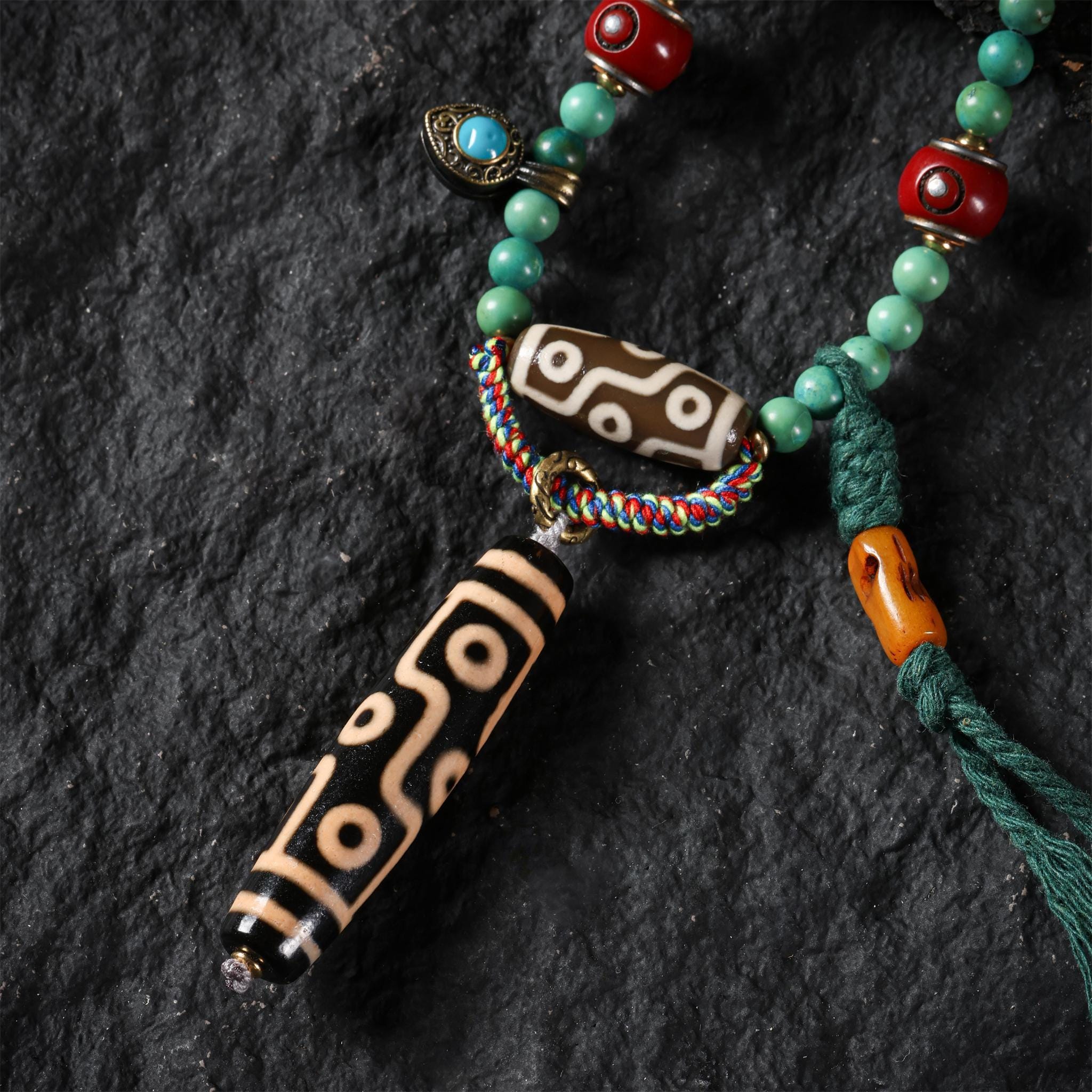 Turquoise Nine-Eyed Dzi Bead Necklace Tibetan Totem Amulet