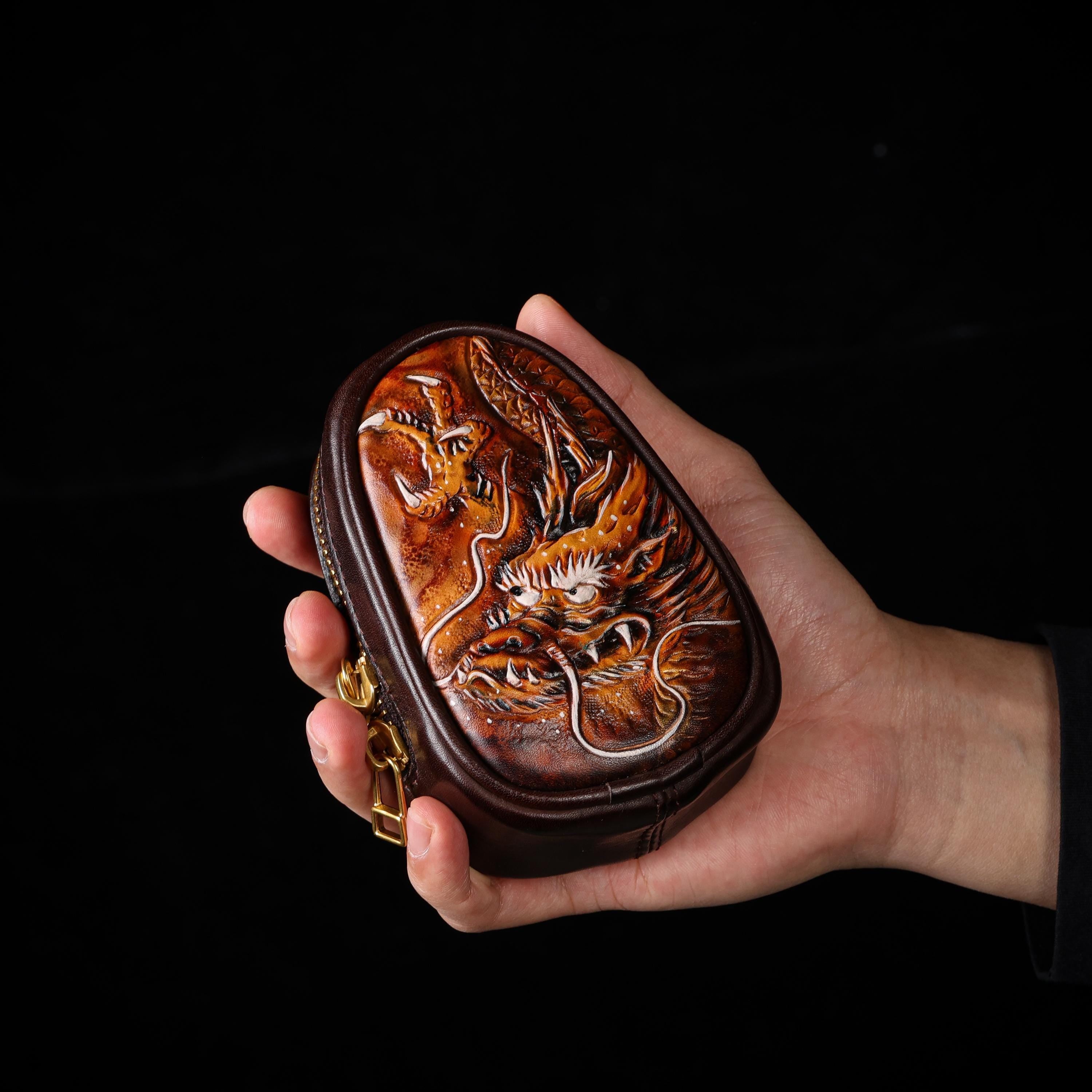 AURA DEER Dragon Leather Pouch Hand-Carved Travel Jewelry Case