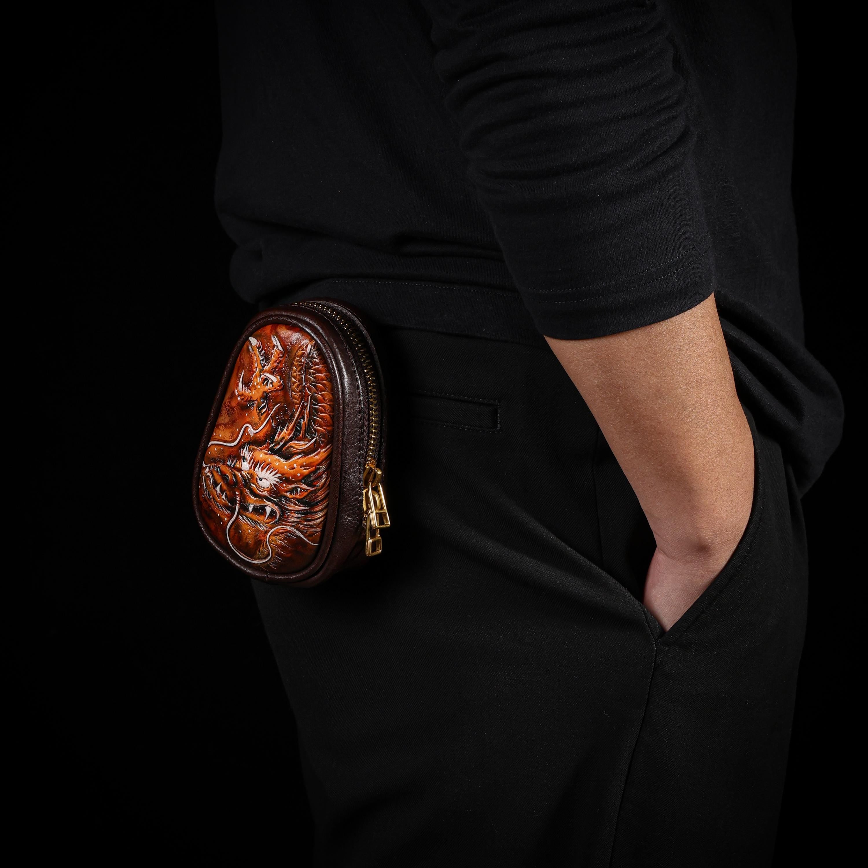 AURA DEER Dragon Leather Pouch Hand-Carved Travel Jewelry Case