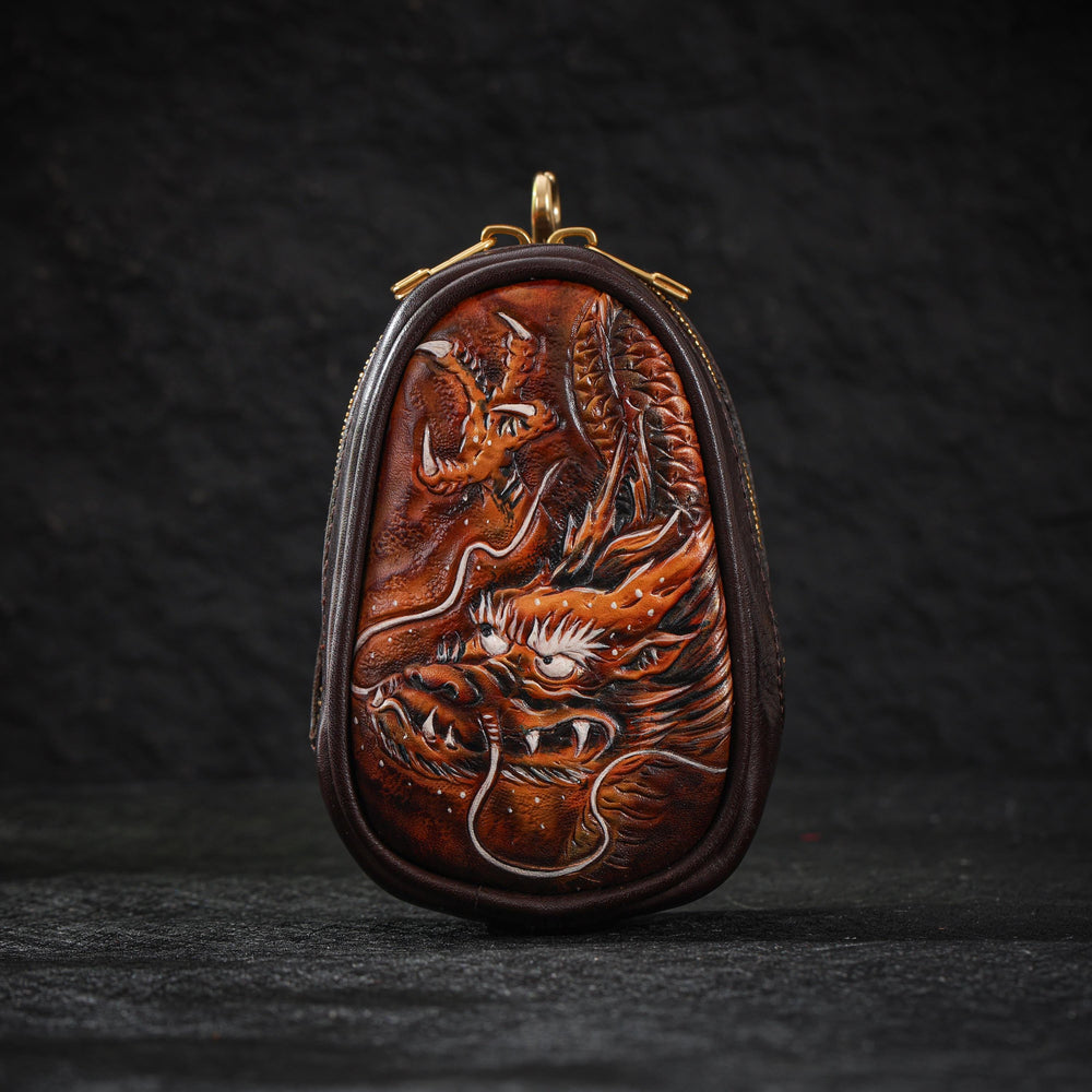 AURA DEER Dragon Leather Pouch Hand-Carved Travel Jewelry Case