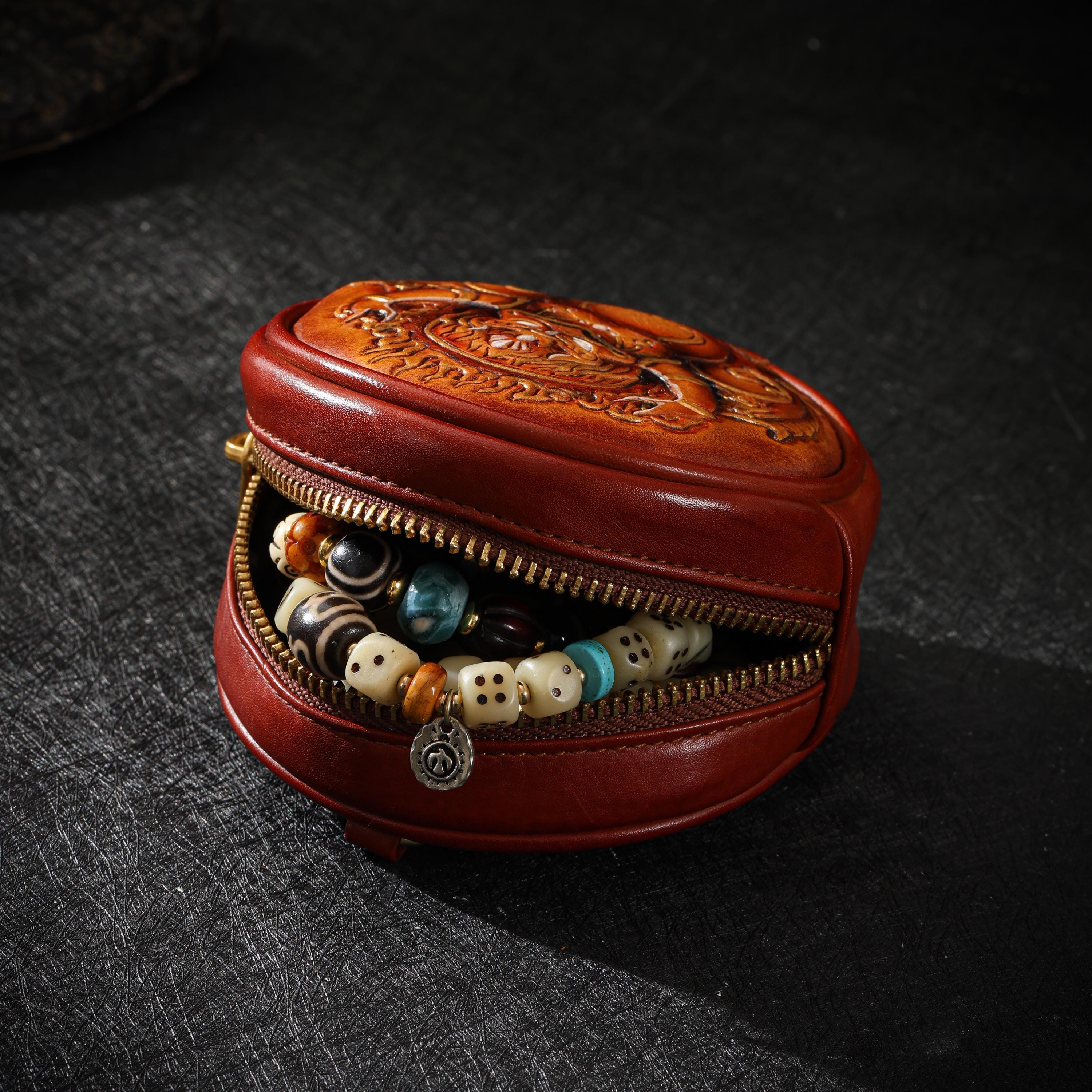 AURA DEER Garuda Leather Jewelry Pouch | Veg-Tan Full-Grain Cowhide | Round Travel Case