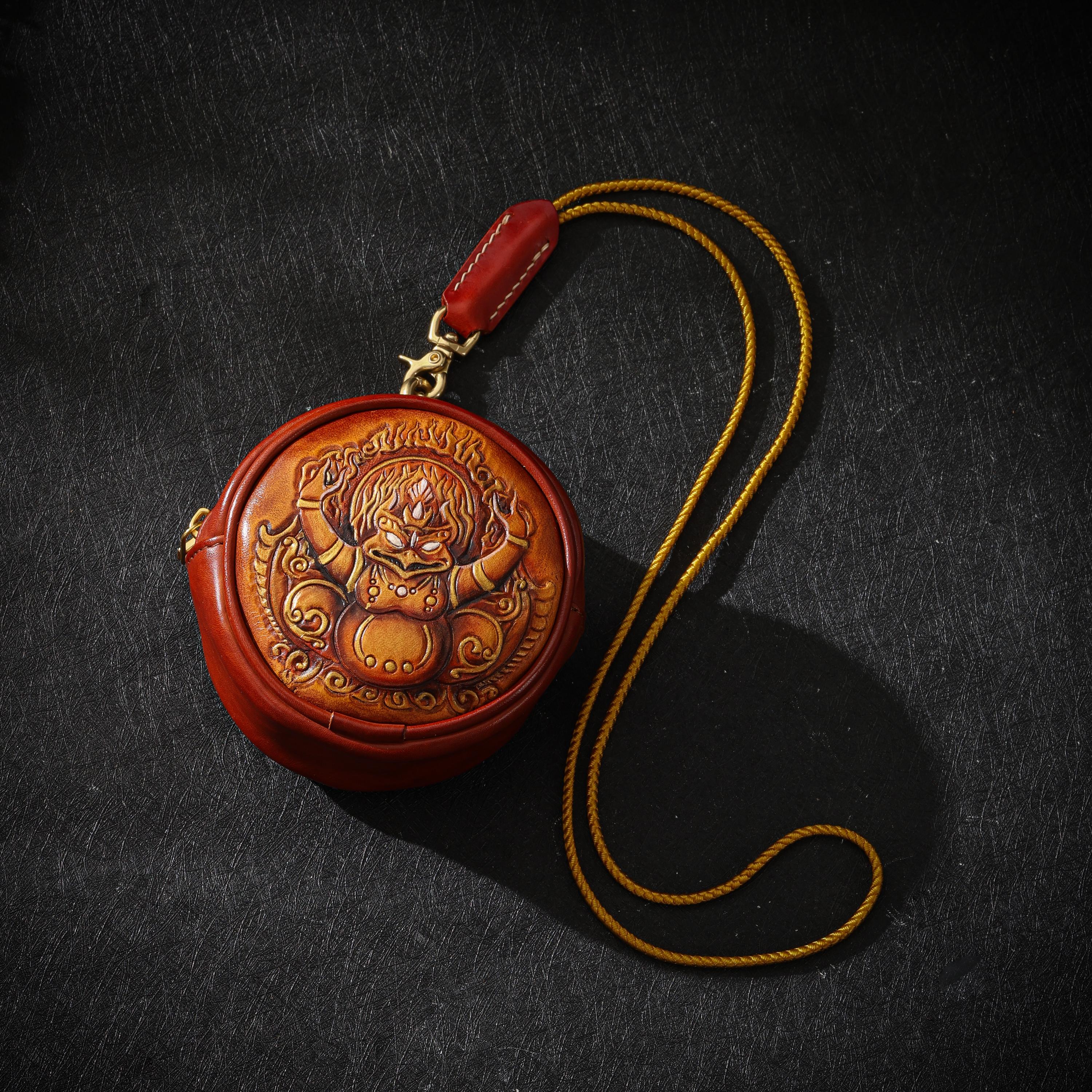 AURA DEER Garuda Leather Jewelry Pouch | Veg-Tan Full-Grain Cowhide | Round Travel Case