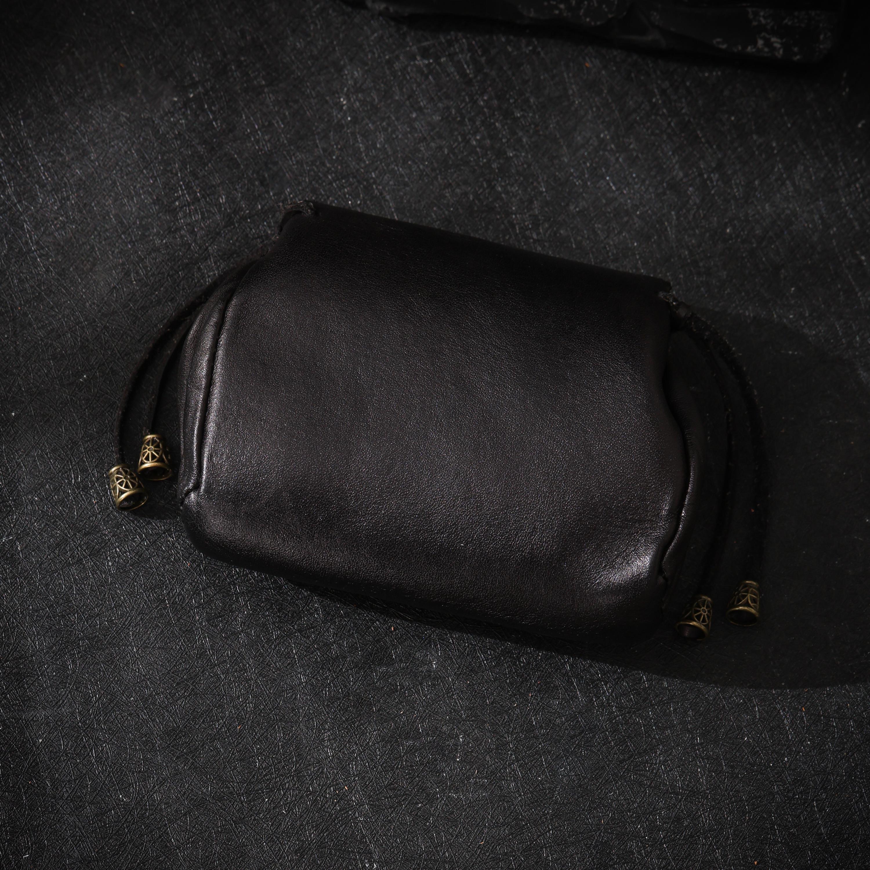 AURA DEER Vintage Veg-Tan Leather Pouch | Handmade Drawstring Rustic Jewelry Storage Bag