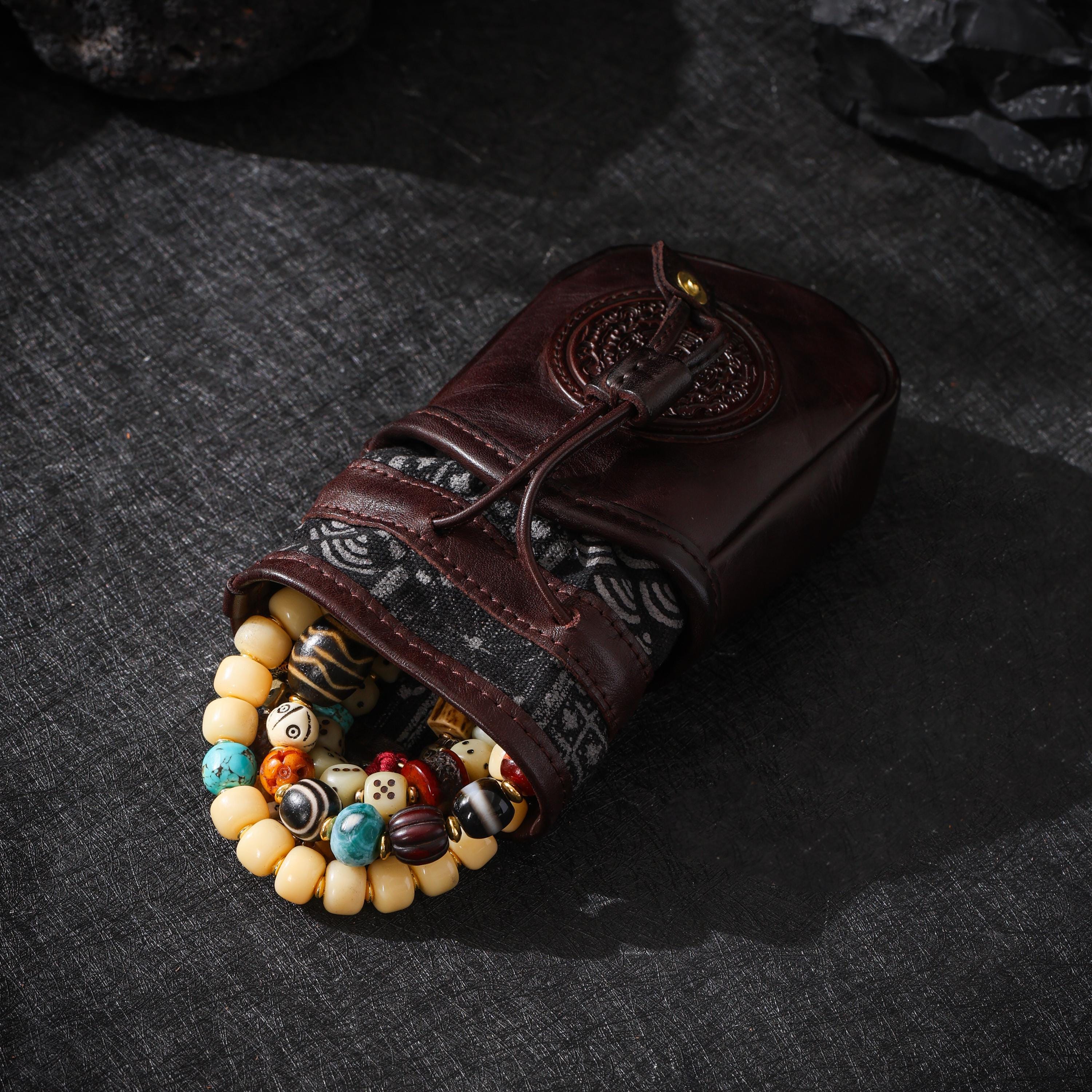 AURA DEER Vintage Veg-Tan Leather Pouch | Handmade Drawstring Rustic Jewelry Storage Bag